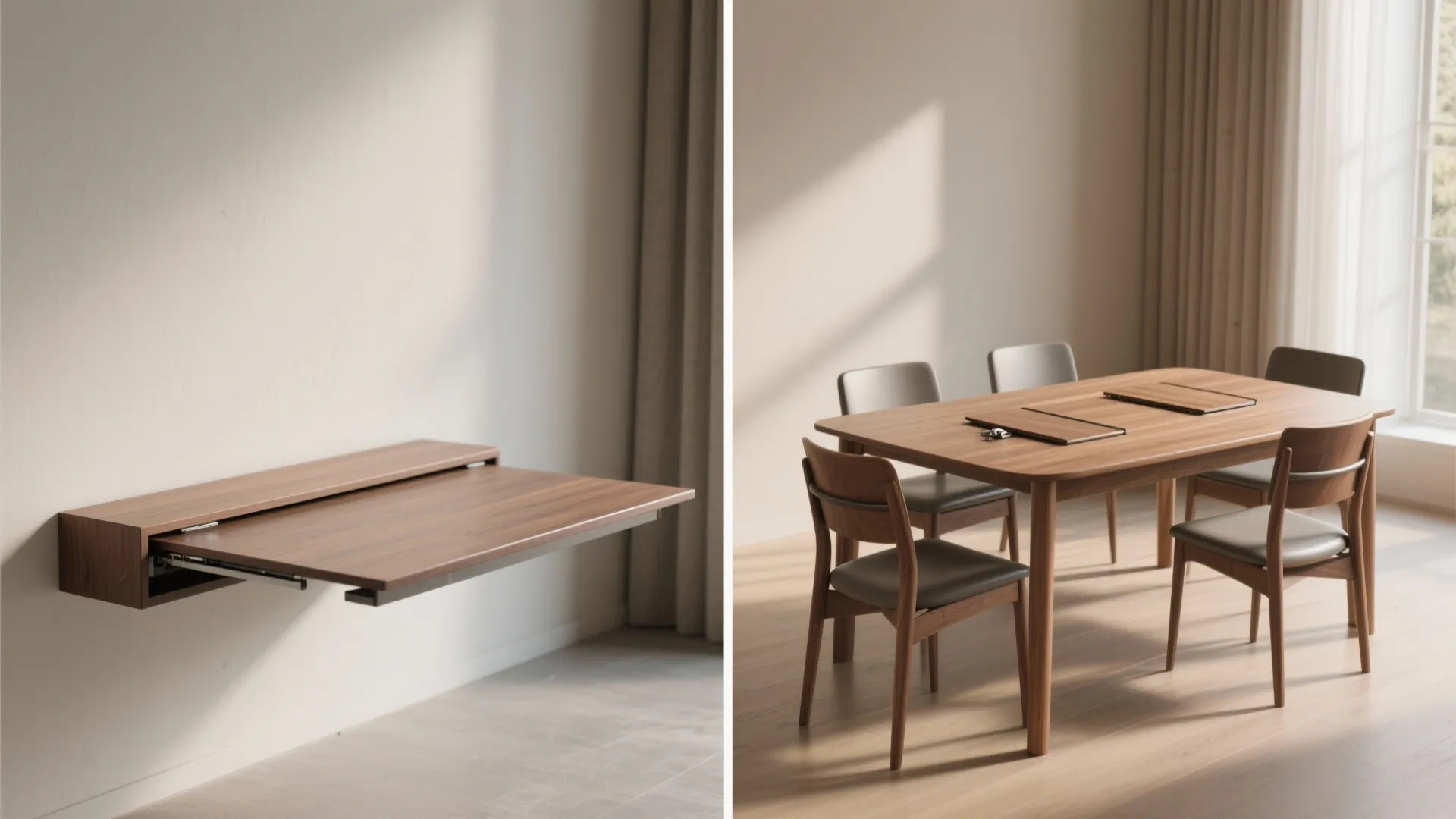 Split view of a drop-leaf table folded as a console and opened for dining, showing hinge details