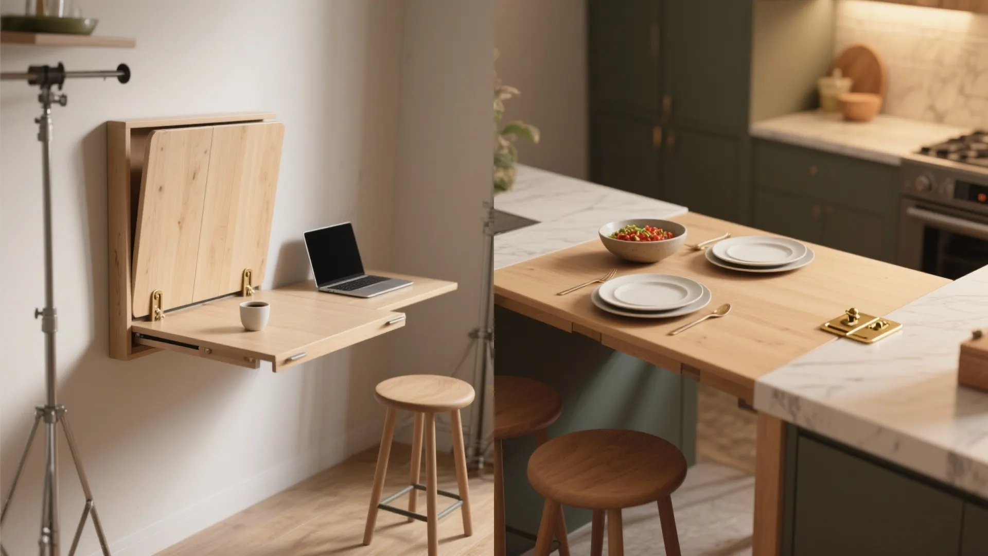 Space saving folding wall desk with laptop and kitchen island table with plates and food