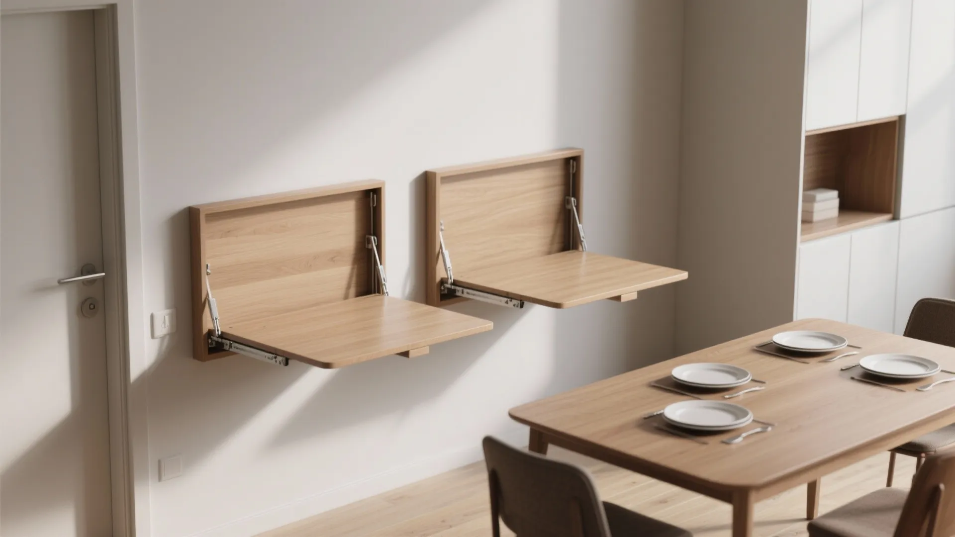 Two wall mounted wooden folding tables in a bright dining room next to a white door