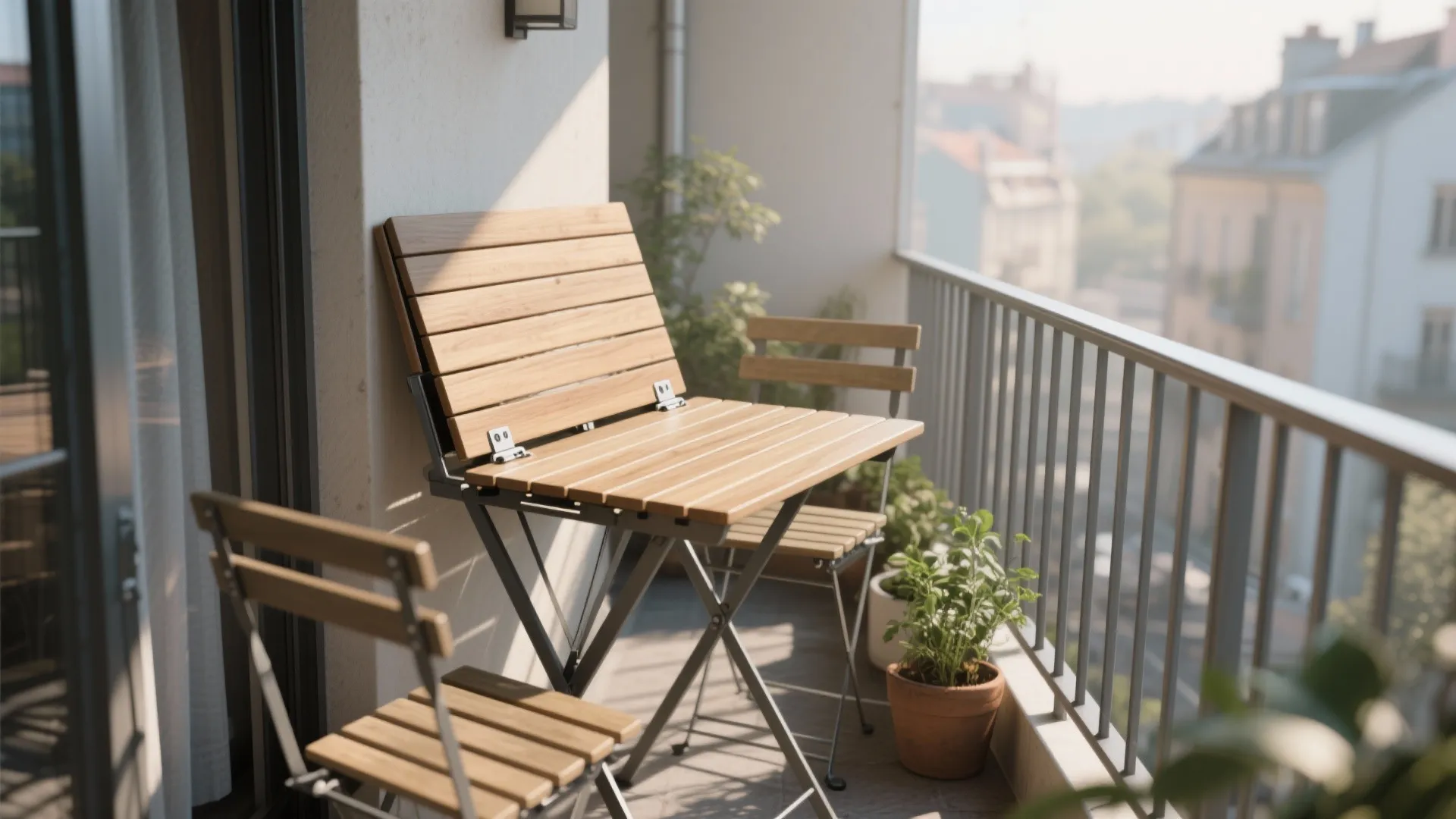 Small balcony with a drop-leaf table folded against the wall, coffee cup and plants.