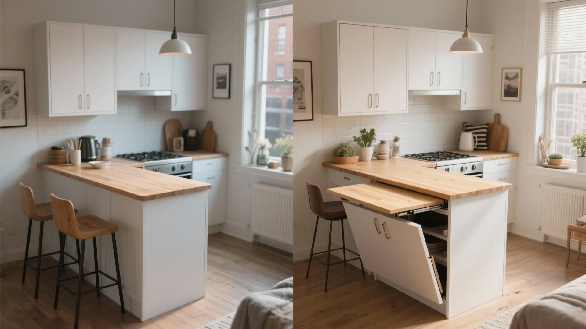 Before and after comparison of a white kitchen island with a fold out wooden table top