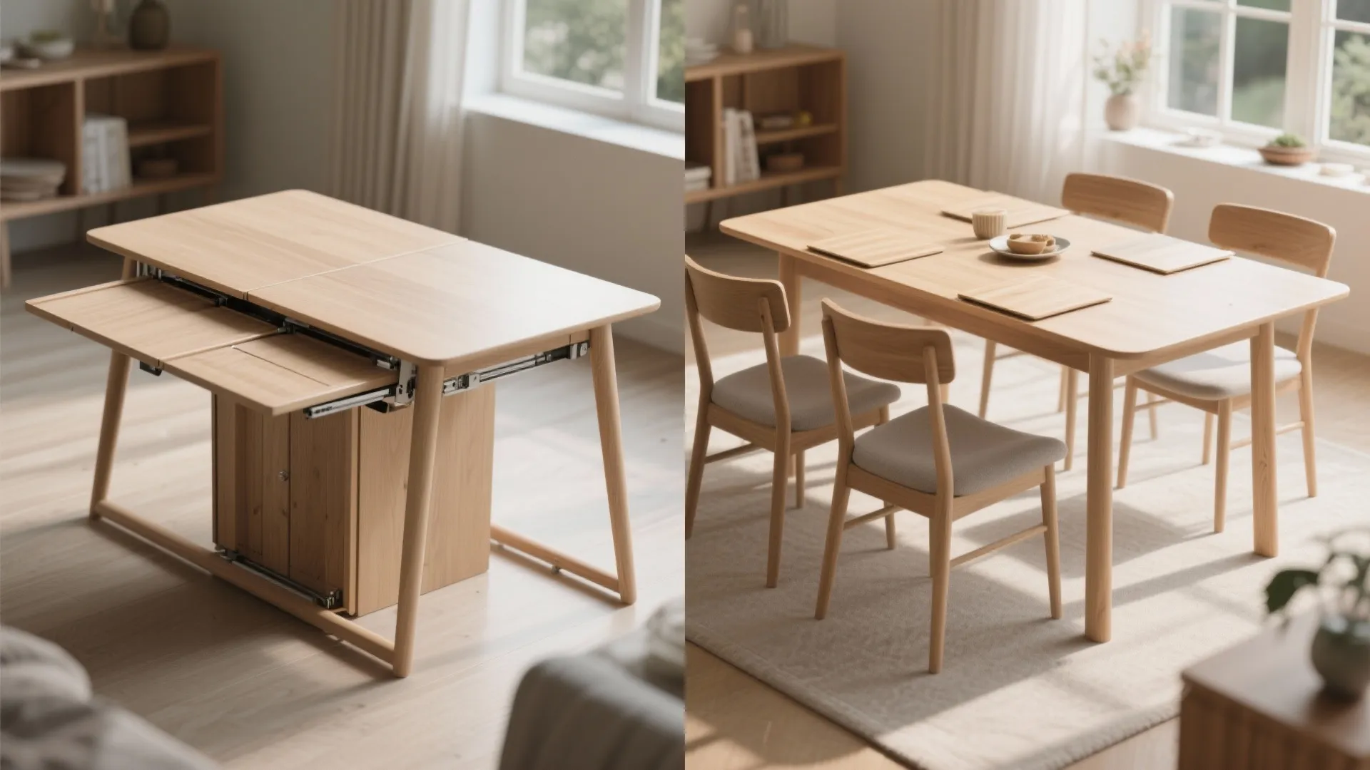 Before and after comparison of a foldable wooden dining table showing its compact and expanded states