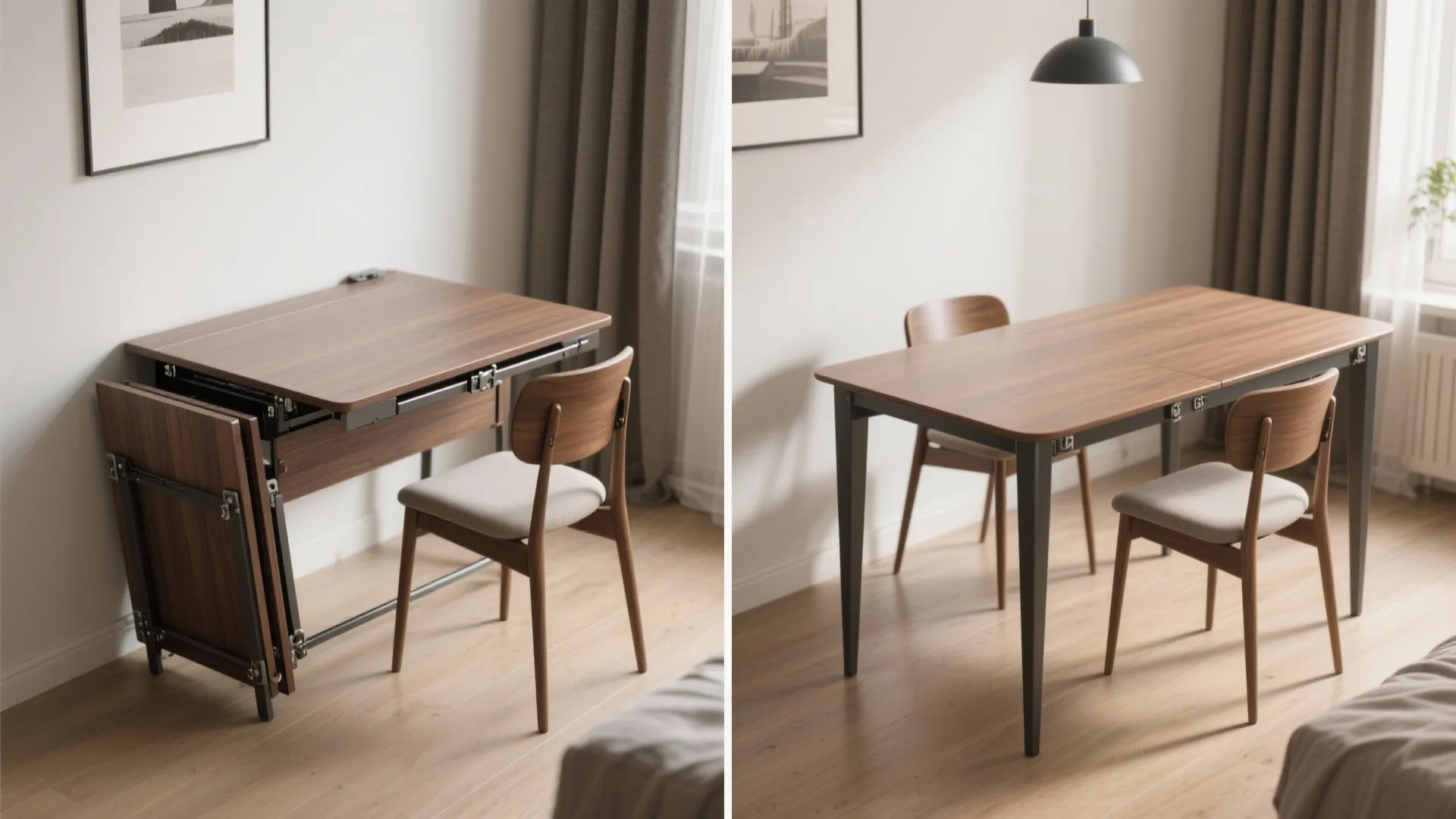 Before-and-after view of a drop-leaf table folded compact and expanded for guests in a small kitchen.