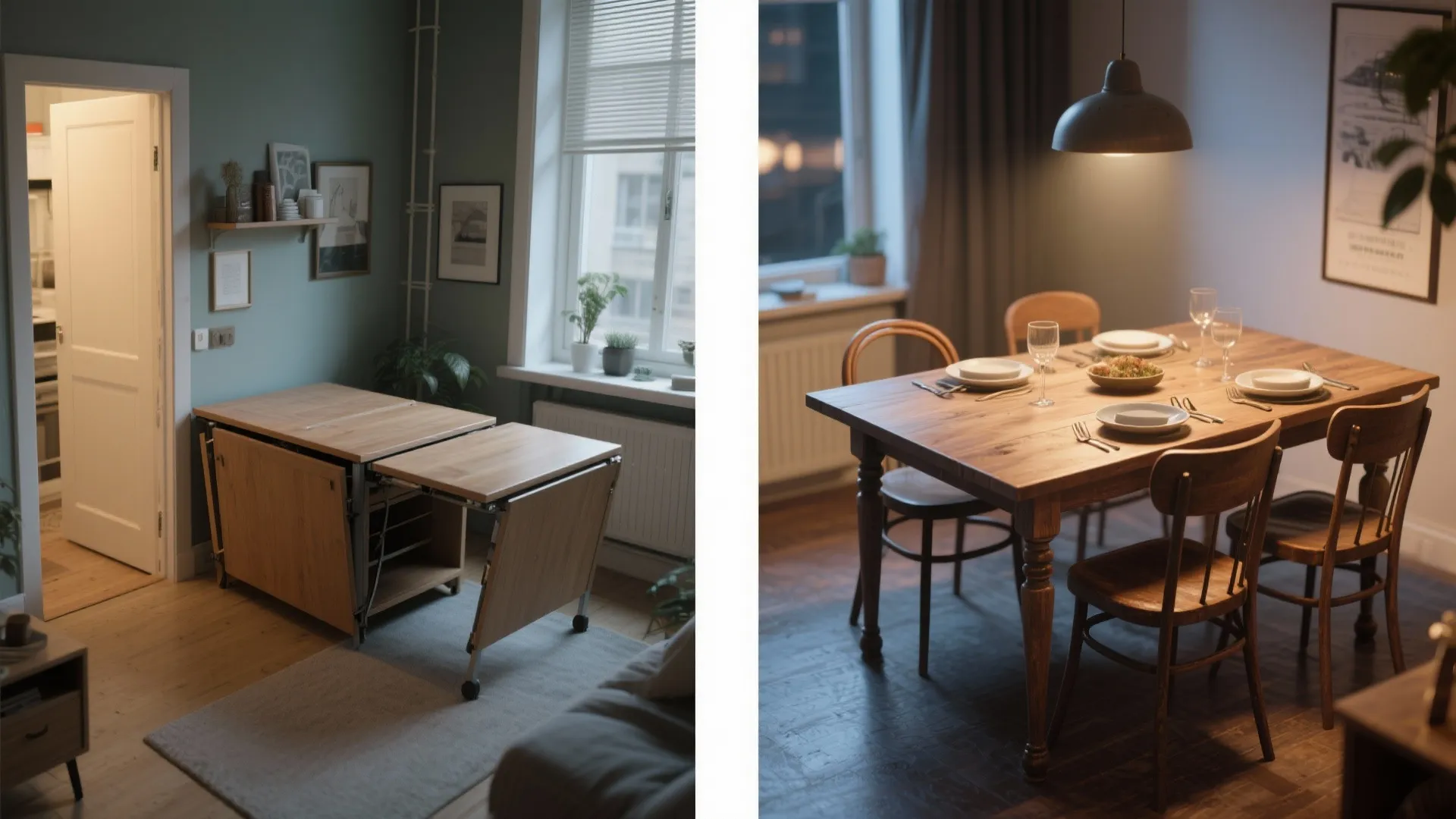 Before and after comparison of a foldable wooden table transforming into a large dining area