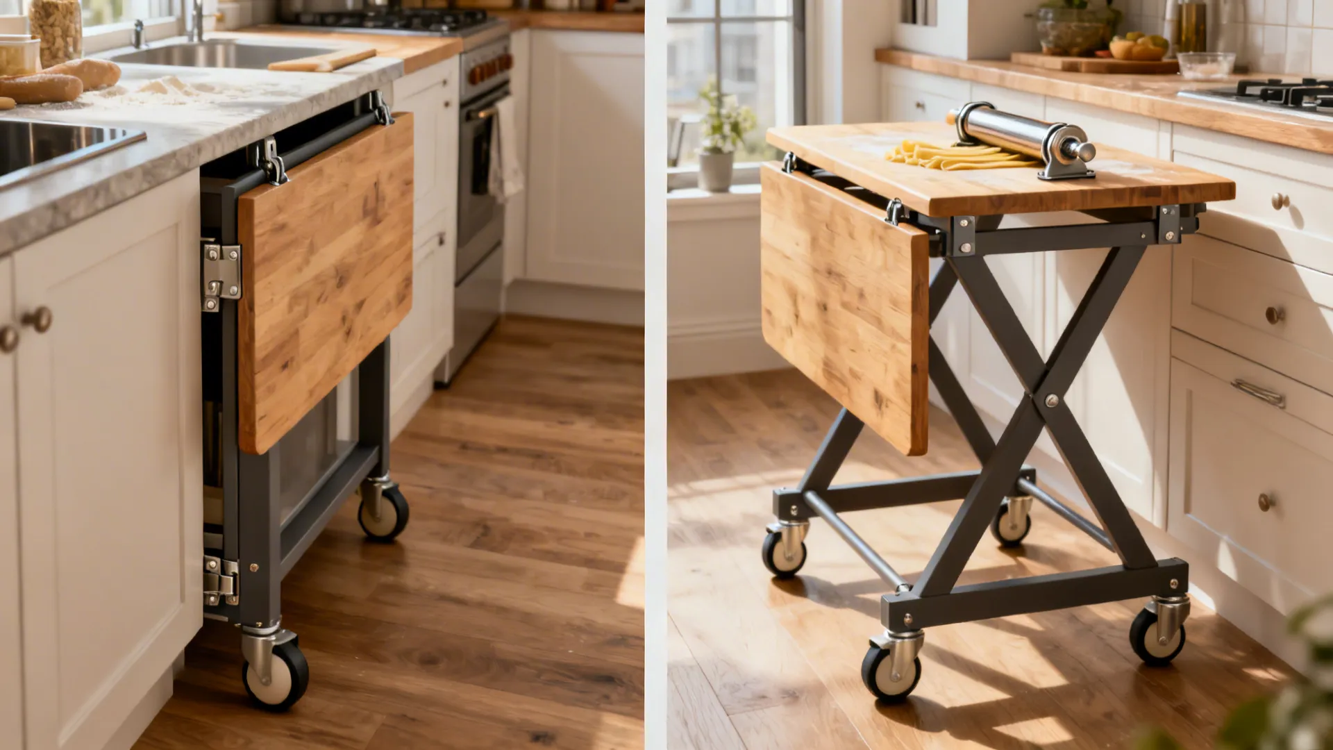 Before-and-after view of a drop-leaf trolley: slim when folded, generous workspace when raised.