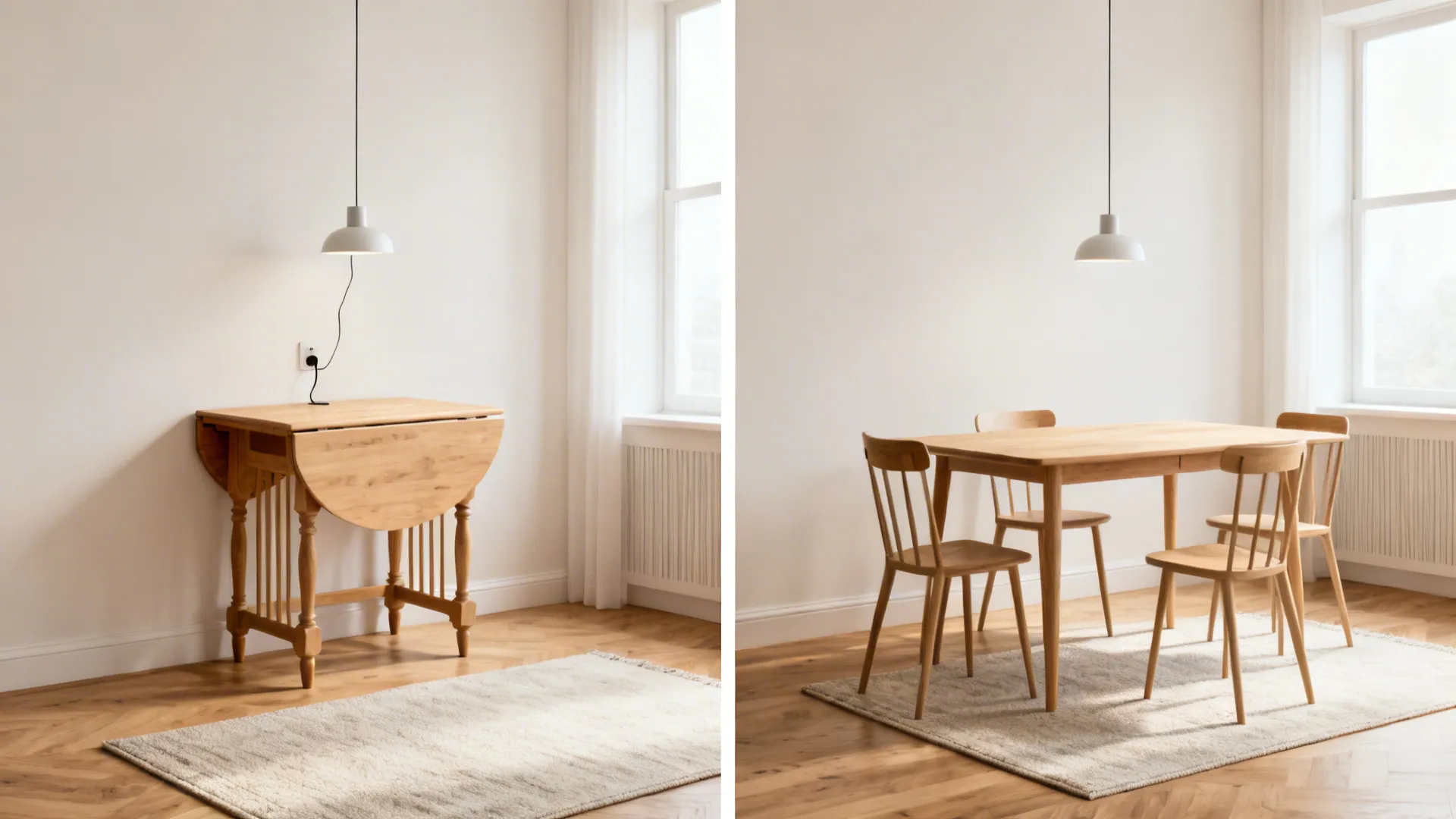 Drop-leaf table shown closed against the wall and opened for four in the same room.