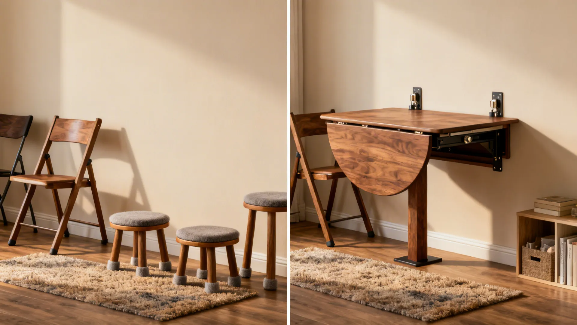 Before-and-after showing a blank wall transformed with a drop-leaf table and foldable seating.