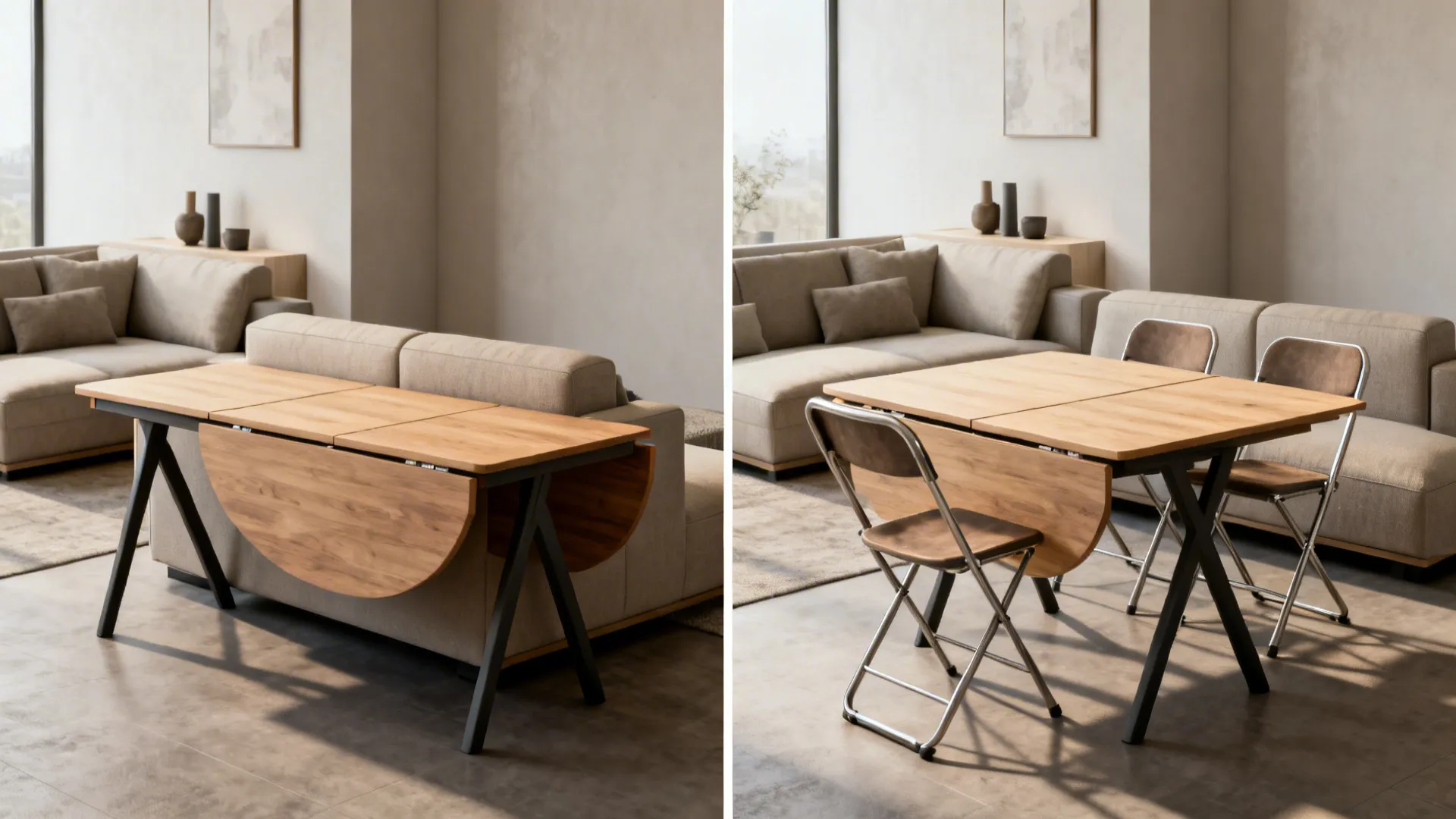 Split view of a drop-leaf table behind a sofa used as a console and then opened to seat four for dinner.