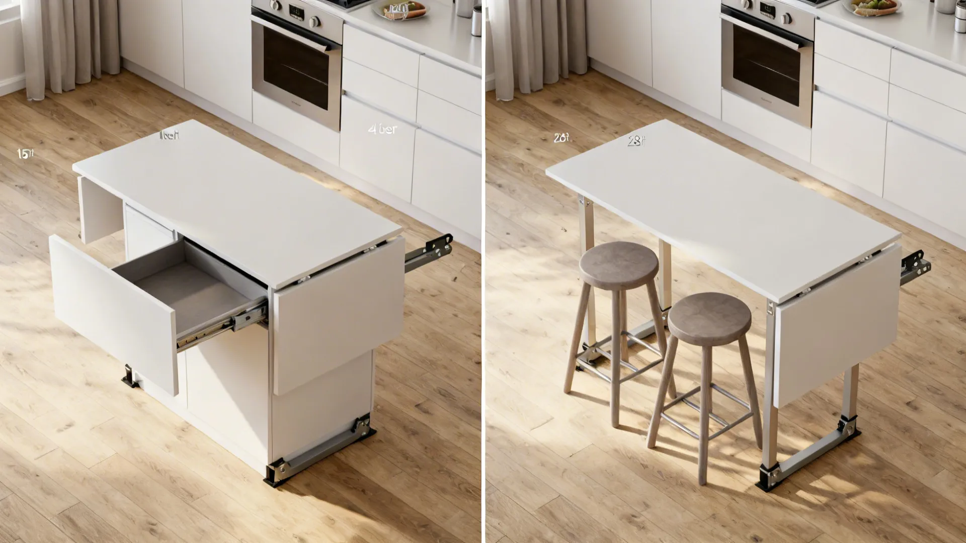Top-down view of a micro kitchen island with drop-leaf folded and extended for dining.