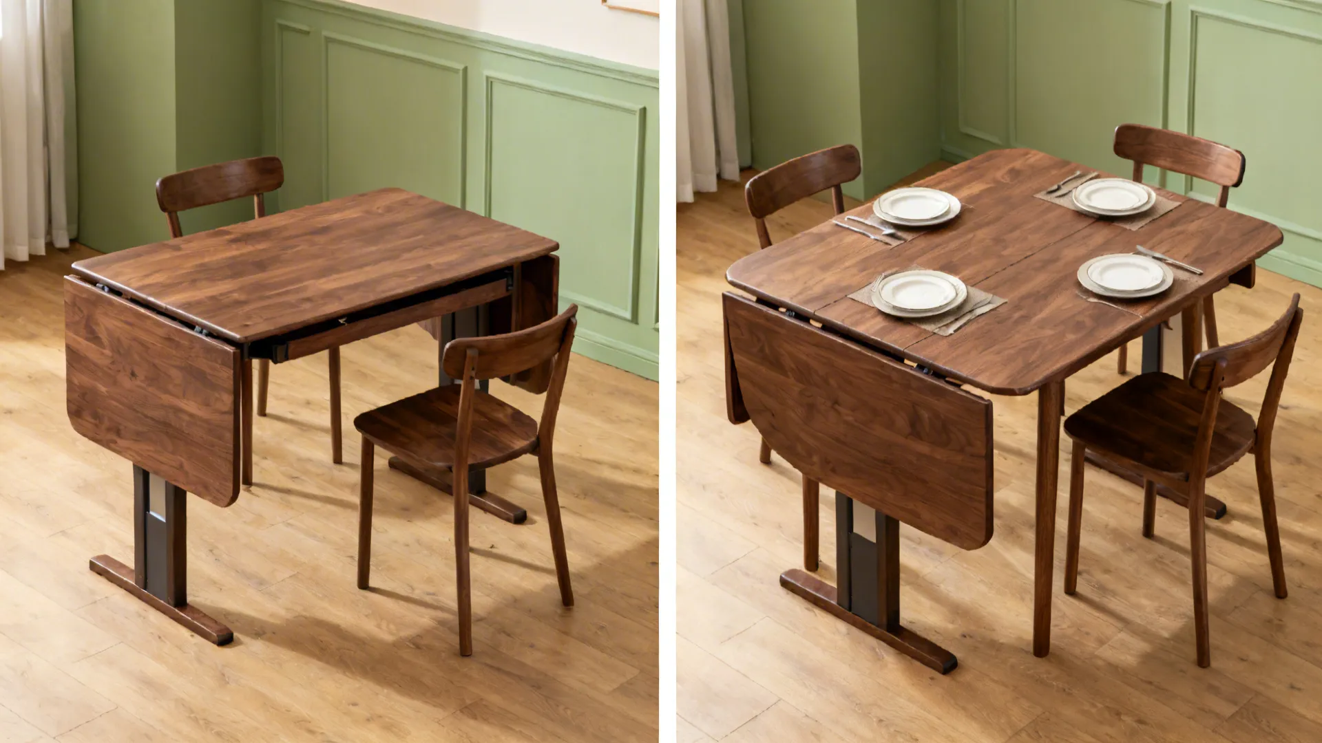 Before-and-after view of a drop-leaf table from compact desk to dining setup for four.