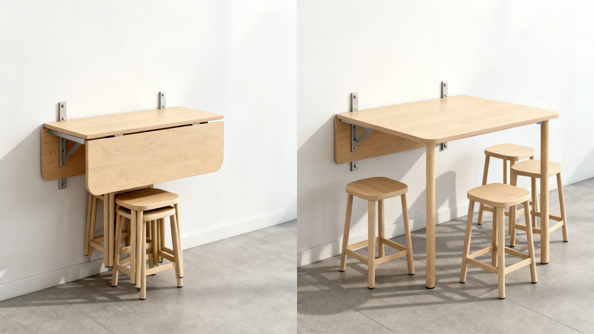 Wall-mounted drop-leaf table + nesting stools