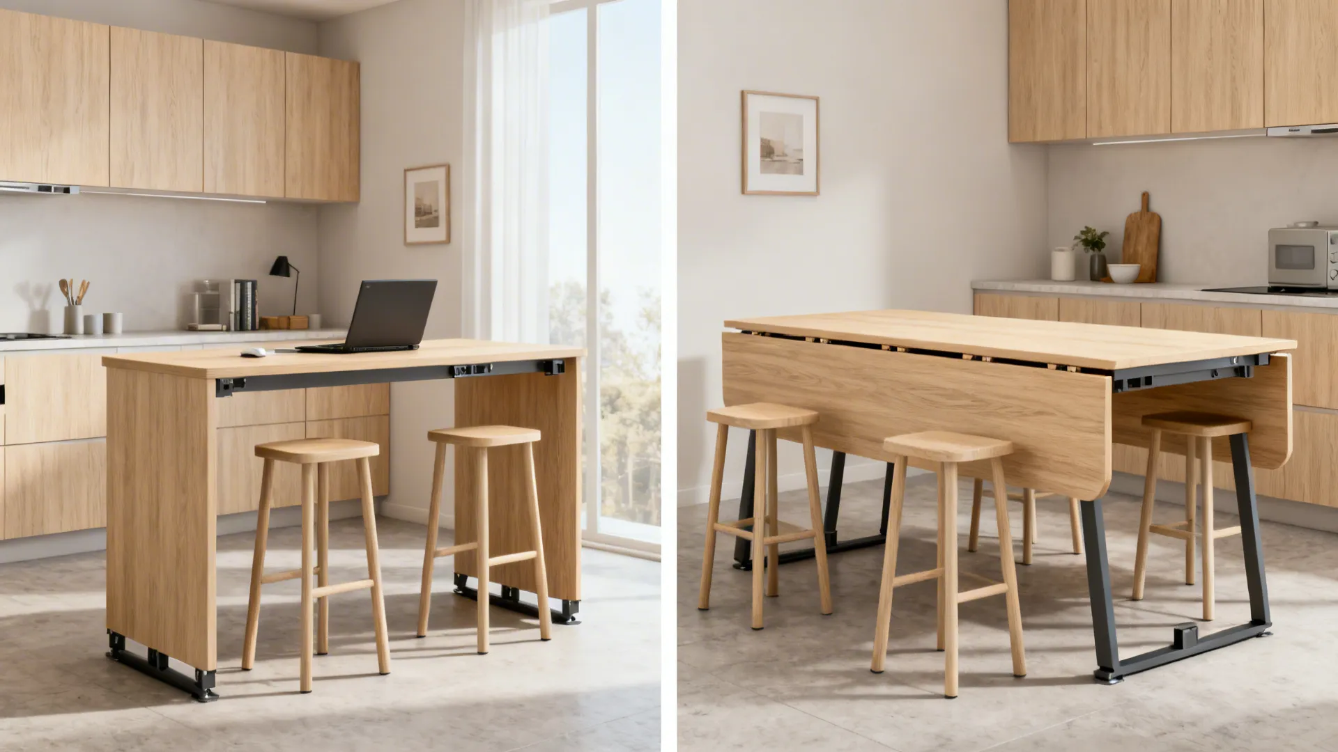 Studio kitchen bar with drop-leaf shown compact and extended for four diners