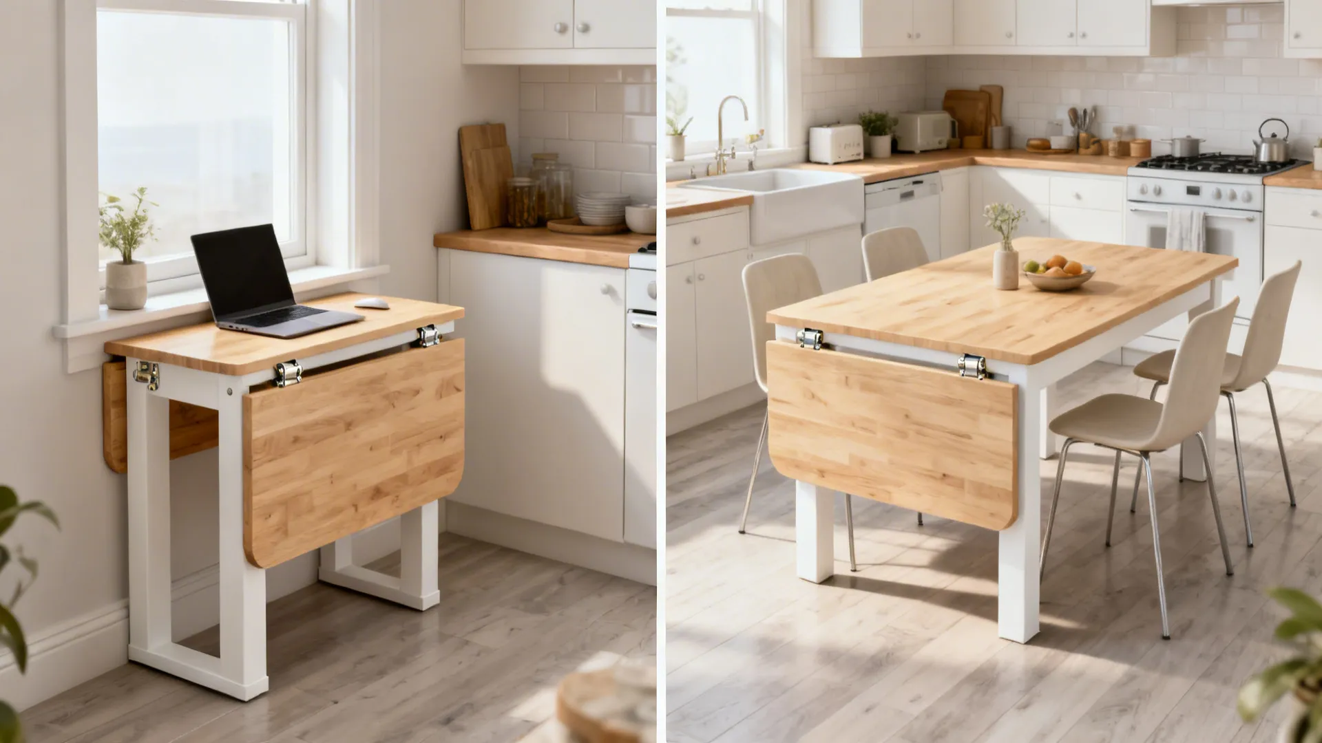 Galley kitchen with a drop-leaf table folded for work and expanded for dining.