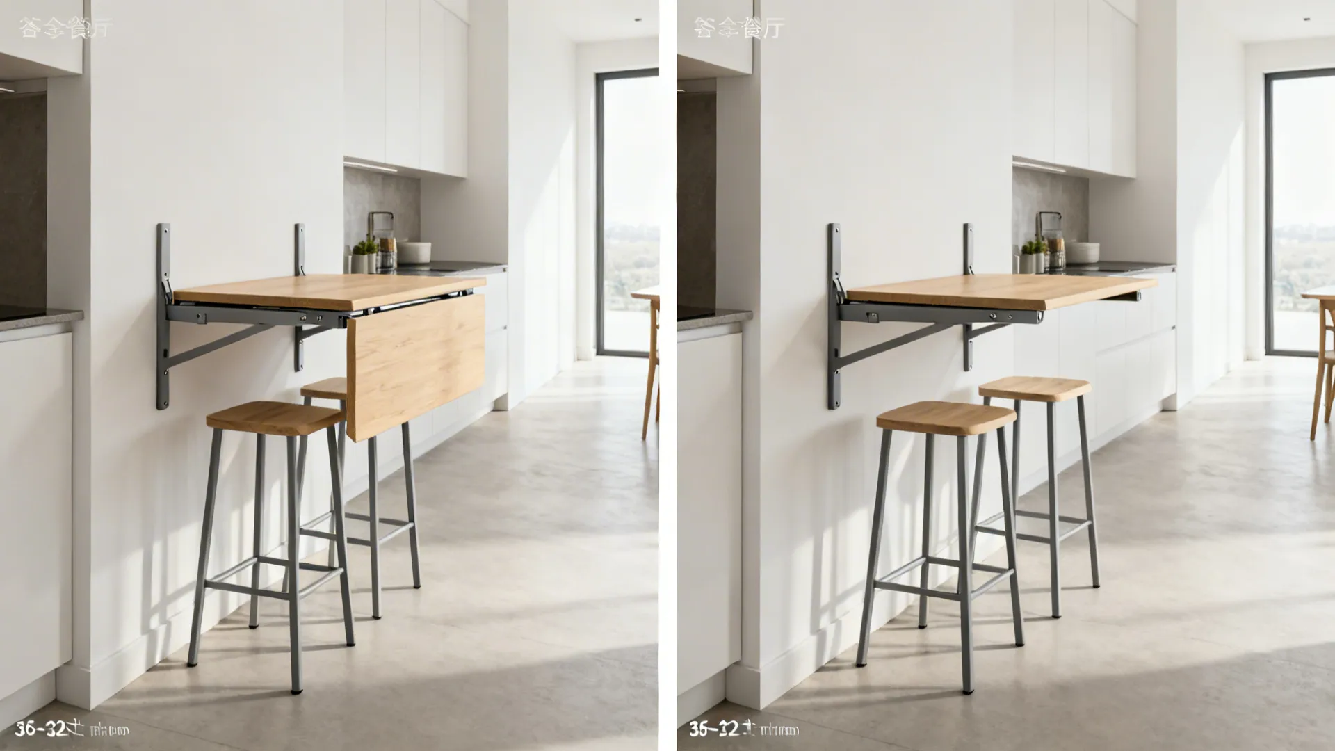 Compact drop-leaf table shown folded and open, preserving a clear kitchen aisle.