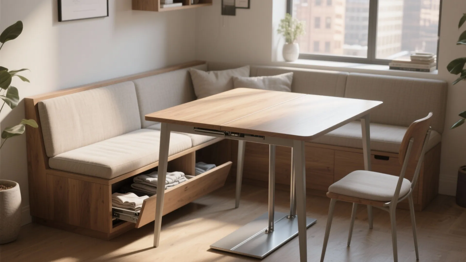 1. Drop-leaf square with a tucked bench