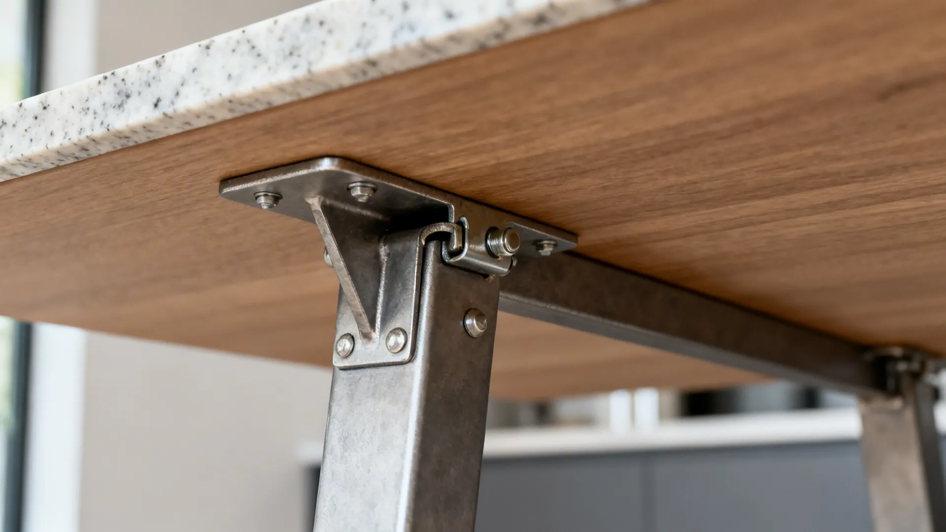 Close-up of steel bracket supporting a drop-leaf countertop.
