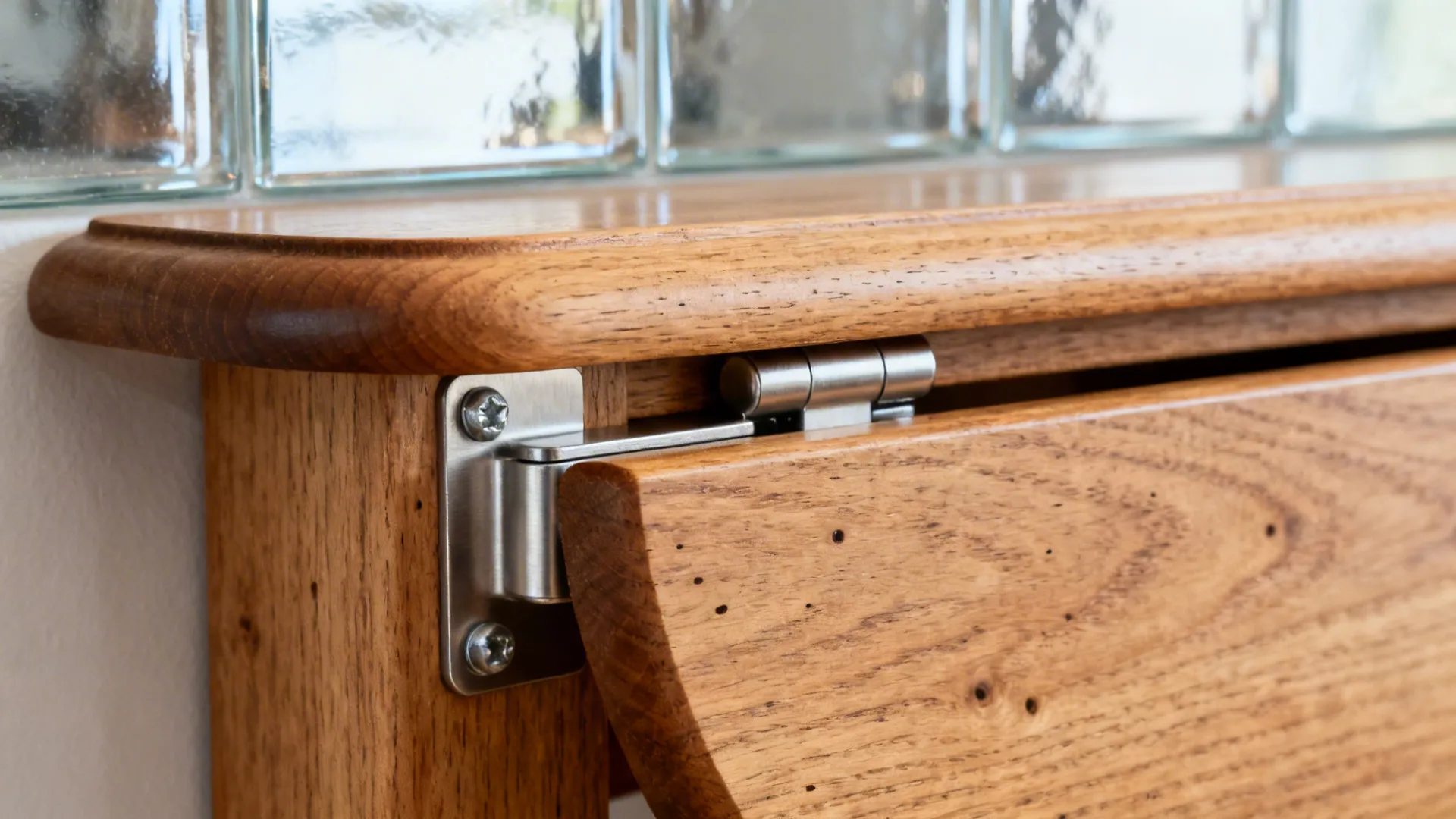 Macro of a rounded oak drop-leaf edge and brushed steel folding bracket.