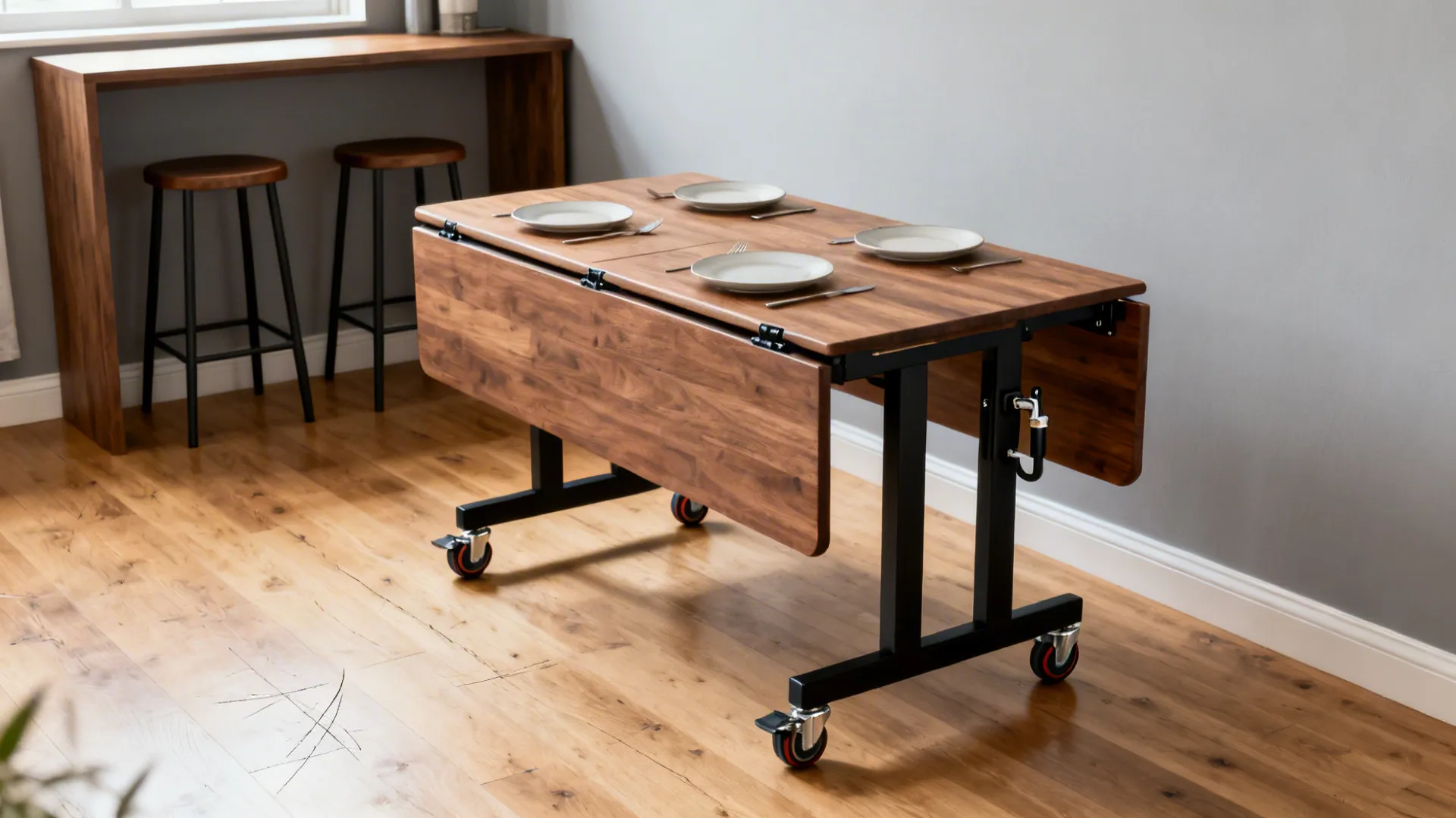Slim drop-leaf table on locking casters in a compact dining corner.