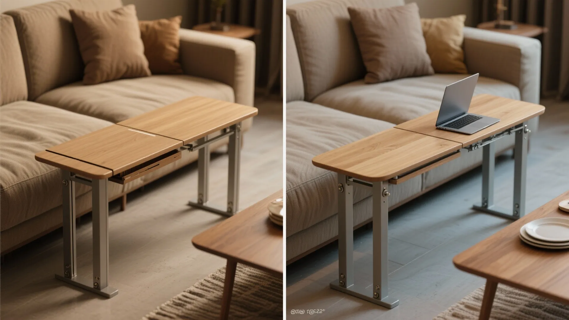 Before-and-after view of a narrow drop-leaf table folded narrow and extended wide behind a sofa.