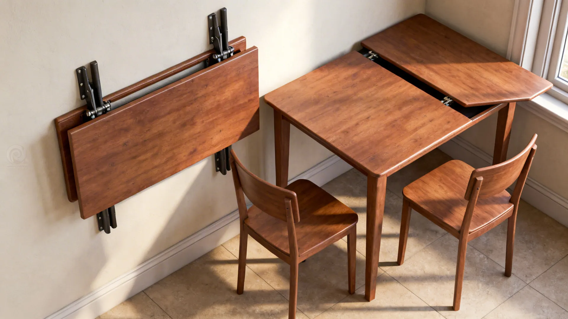 Drop-leaf tables in folded and expanded positions showcasing hinge detail in a small dining corner.