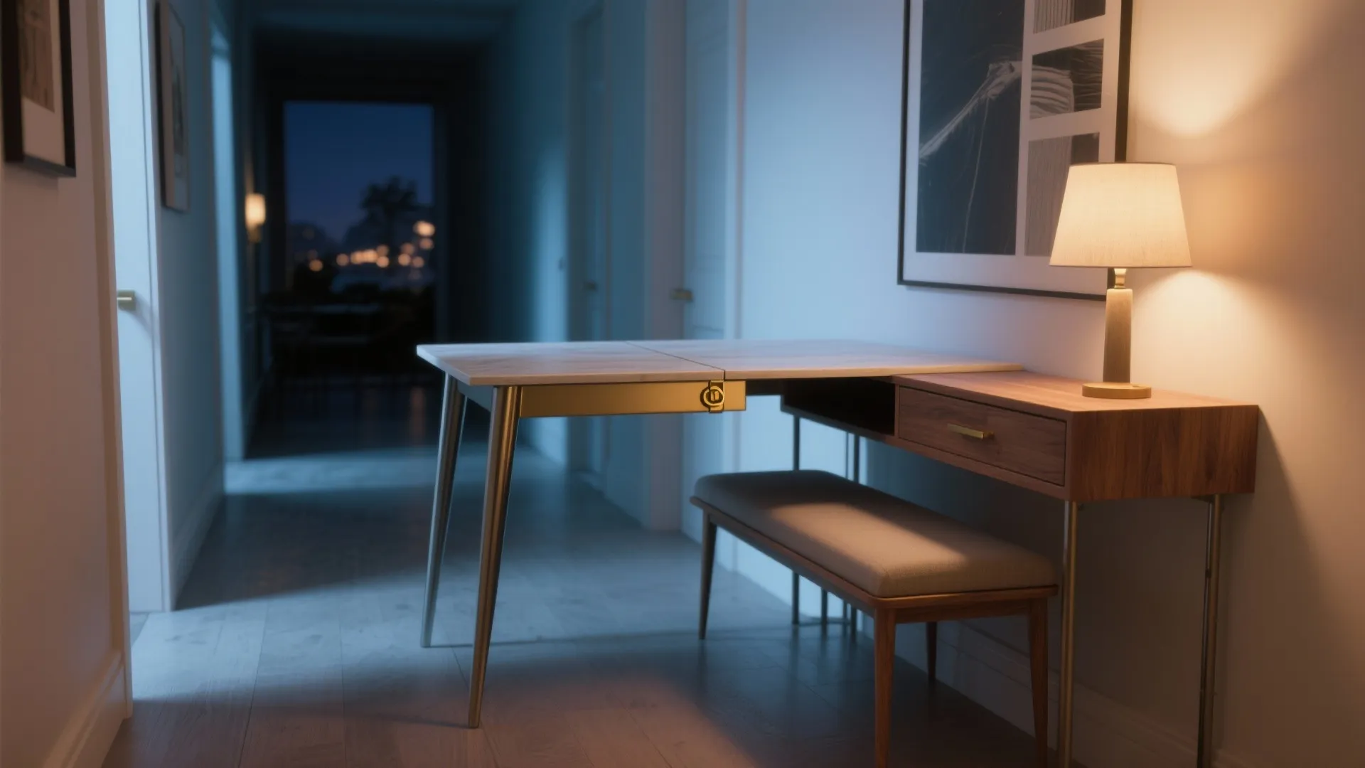 Modern wood console table with drawer and bench stool in a bright hallway with lamp