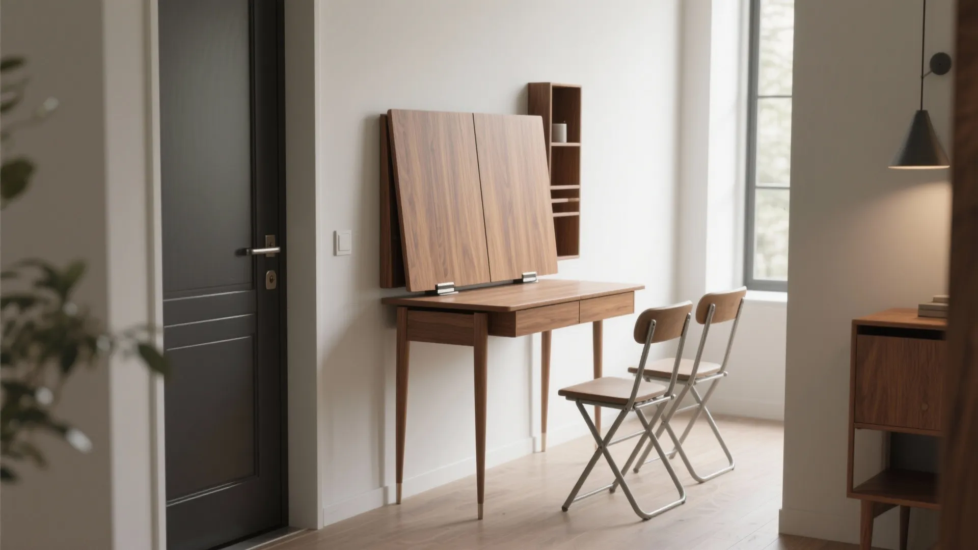 Wooden drop leaf console table with two folding chairs in a modern room with white walls