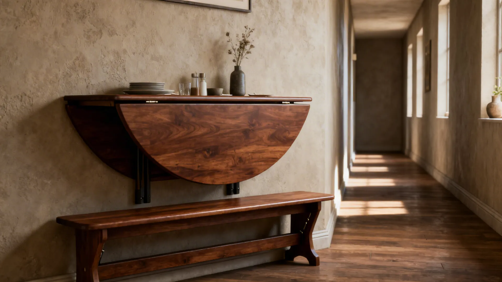Walnut drop-leaf table against a wall with a slim bench tucked underneath.