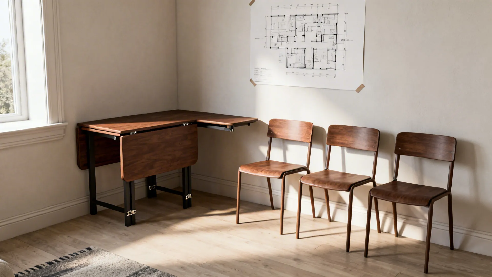 Drop-leaf table folded against a wall and expanded for dining with armless chairs tucked underneath