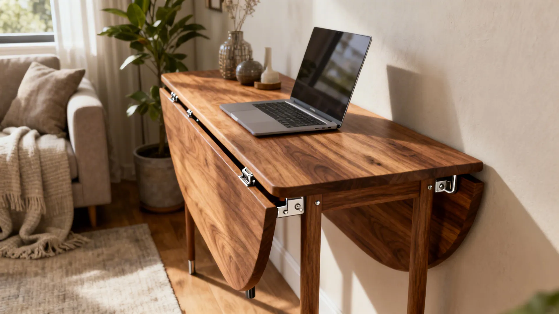 Slim oak drop-leaf table folded as a console against a living room wall with visible hardware and decor.