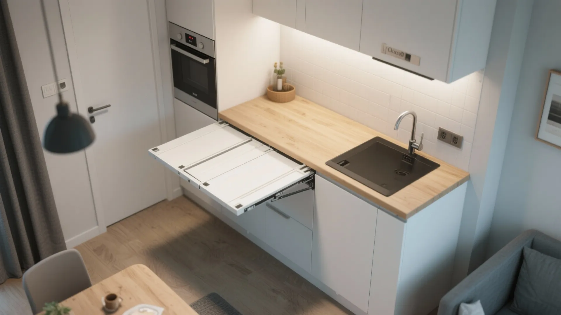 Small white kitchen with pull out dining table extension wooden countertop sink and black faucet