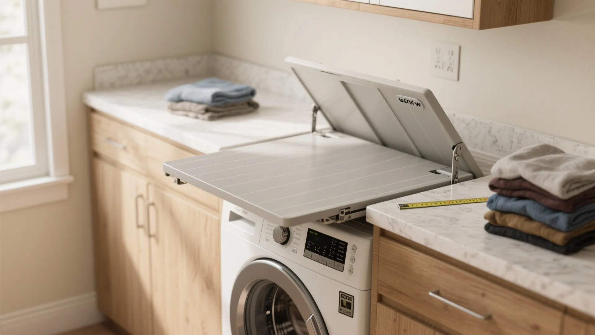 Folding laundry table installed above a washing machine in a bright room with wooden cabinets