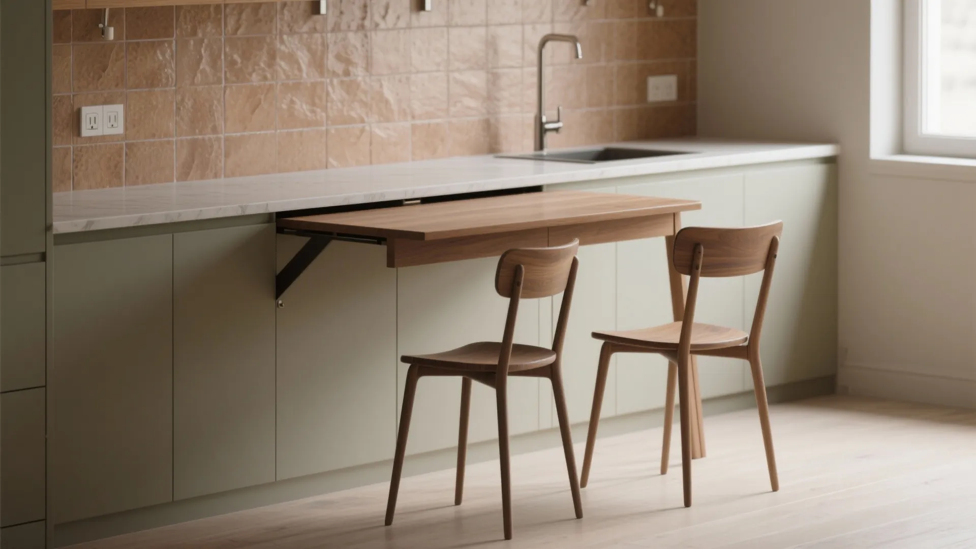 Kitchen with green cabinets and a wooden pull-out dining table set with two matching chairs