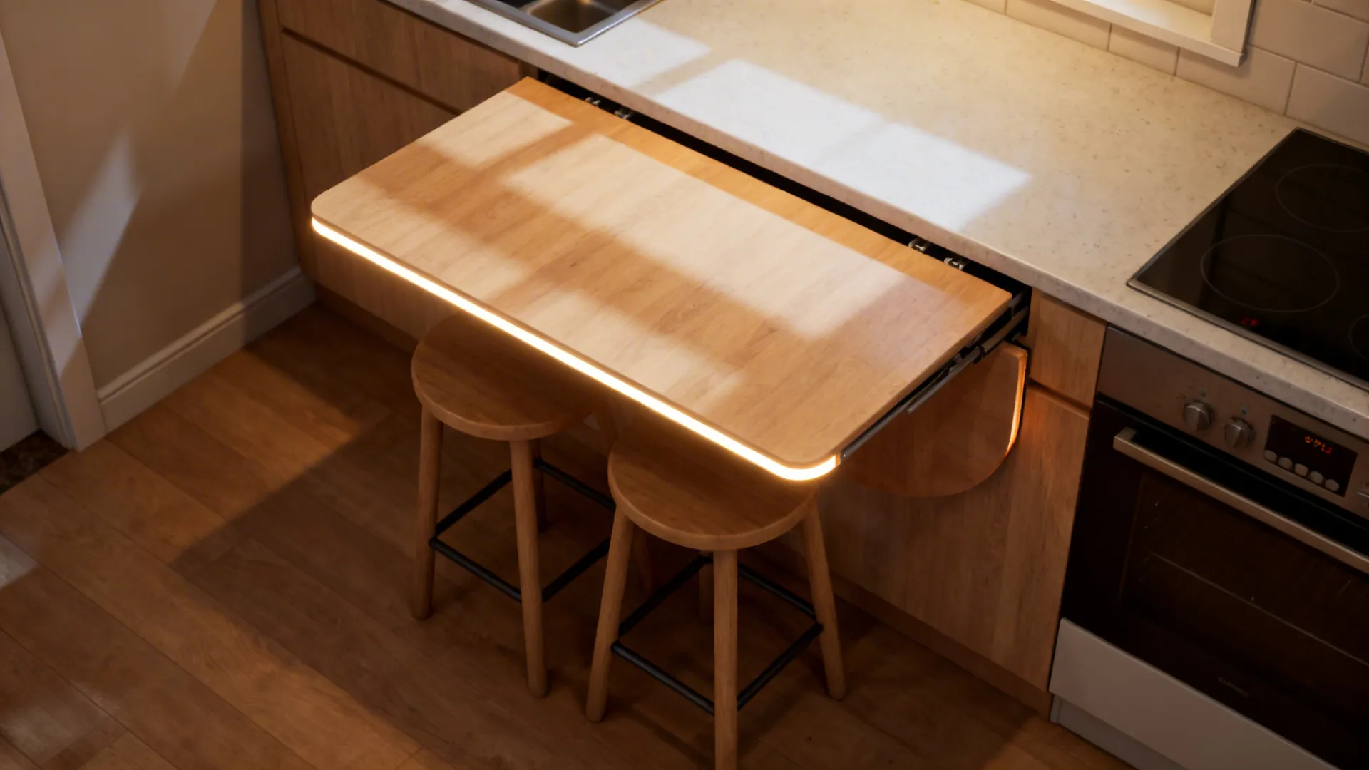 Pull-out wooden kitchen counter with built-in lights and two simple wooden stools placed underneath table