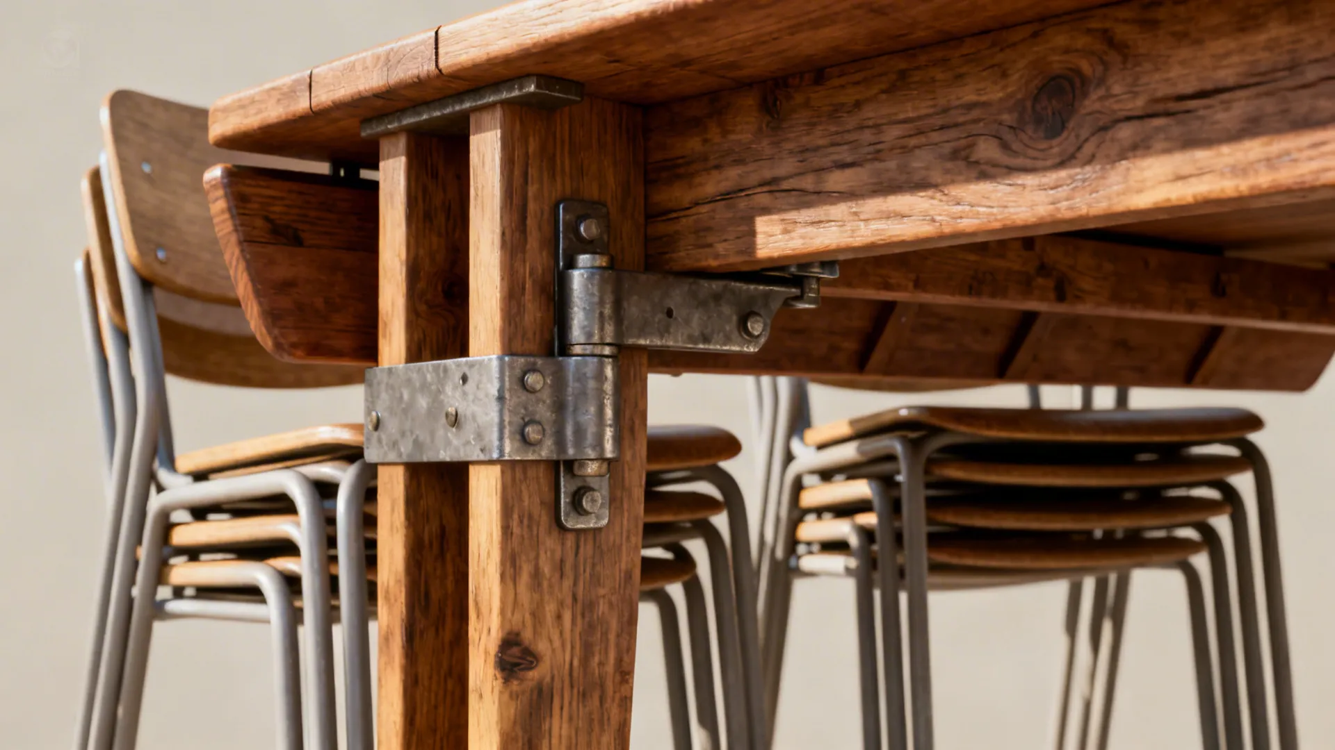 Close-up of a metal hinge on a rustic wood table with stacked chairs in background