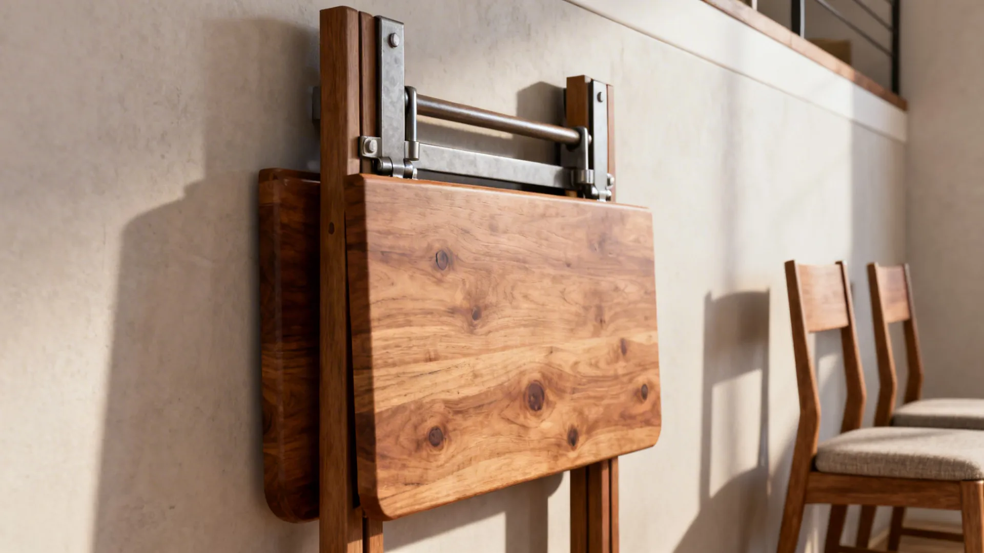 Drop-leaf wooden table folded against a wall showing solid hinges and wood texture