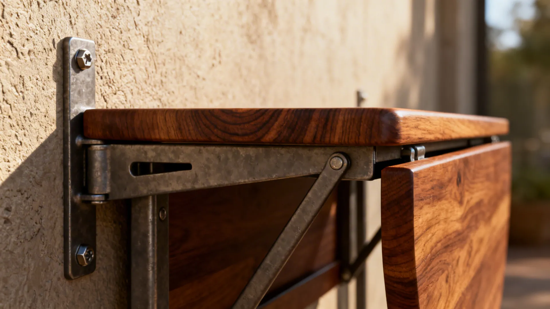 Close-up of a walnut drop-leaf table edge and heavy-duty metal bracket mounted on a kitchen wall.