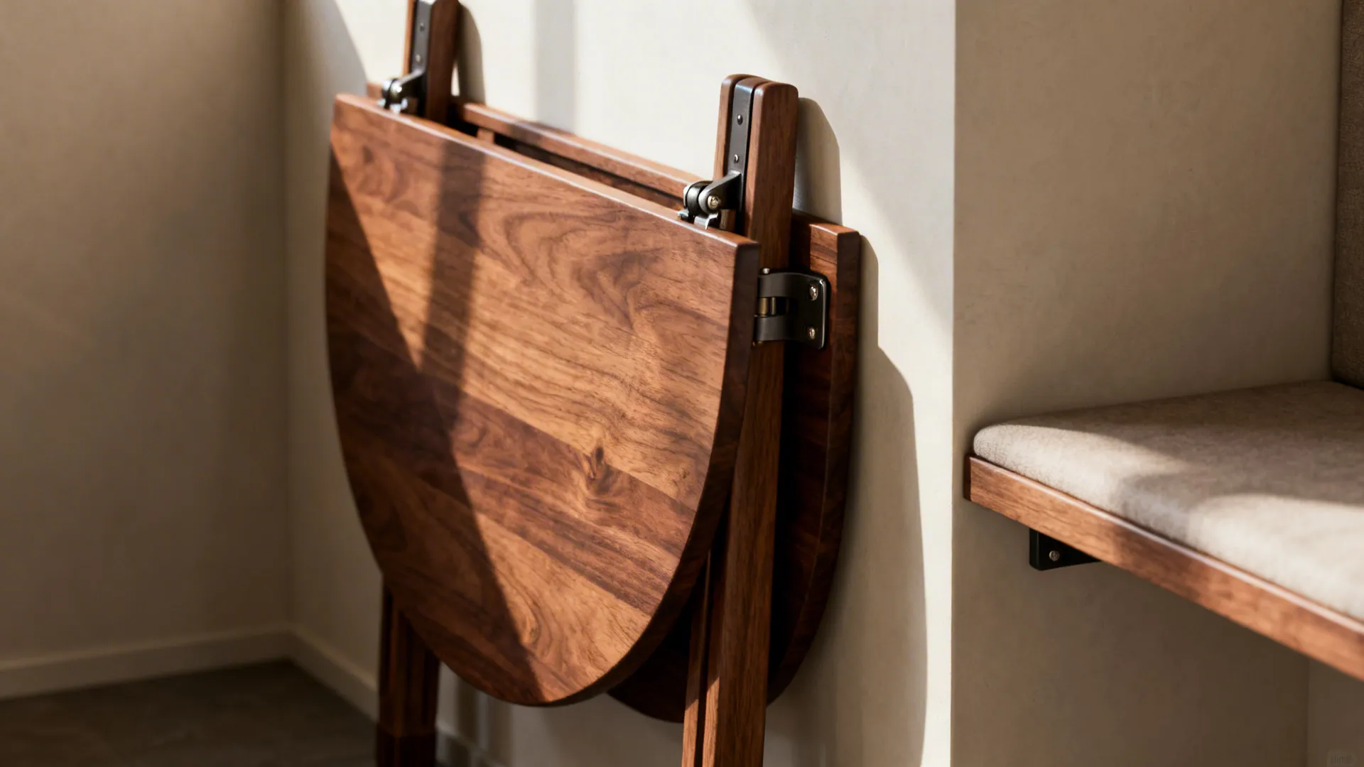 Close-up of a walnut drop-leaf table hinge and wood grain beside a wall-mounted bench in a narrow dining alcove