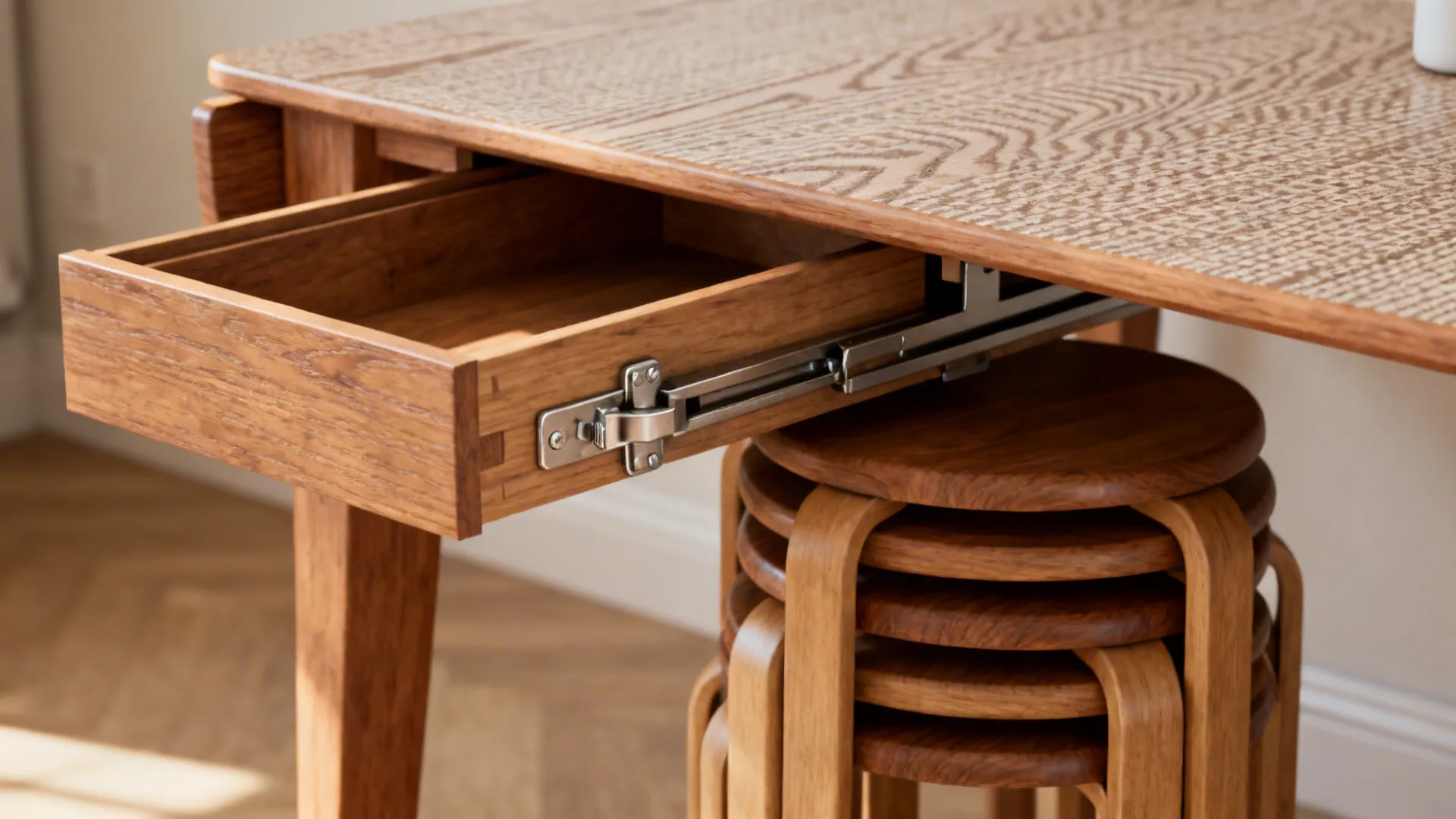 Drop-leaf table partially extended with stackable stools in a compact interior