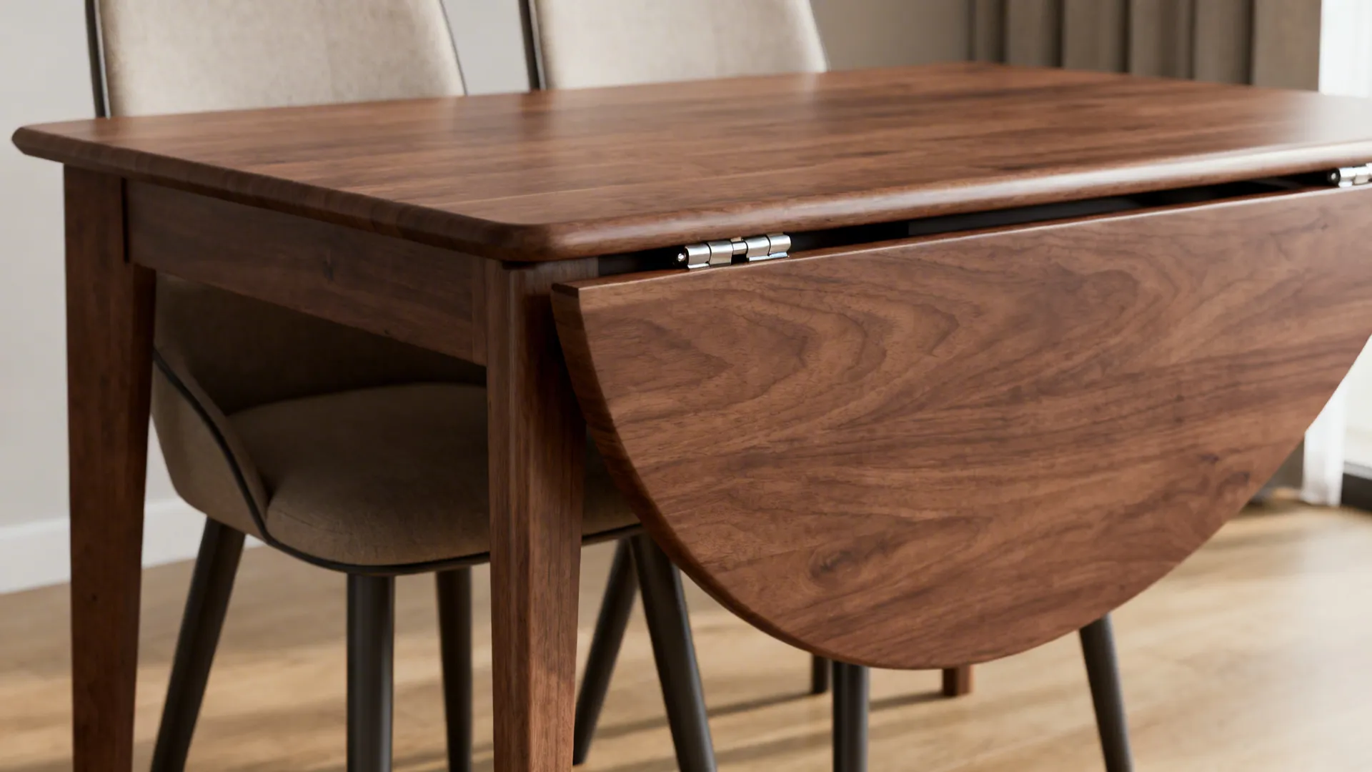 Close up of a dark wooden dining table featuring a drop leaf design and metal hinges