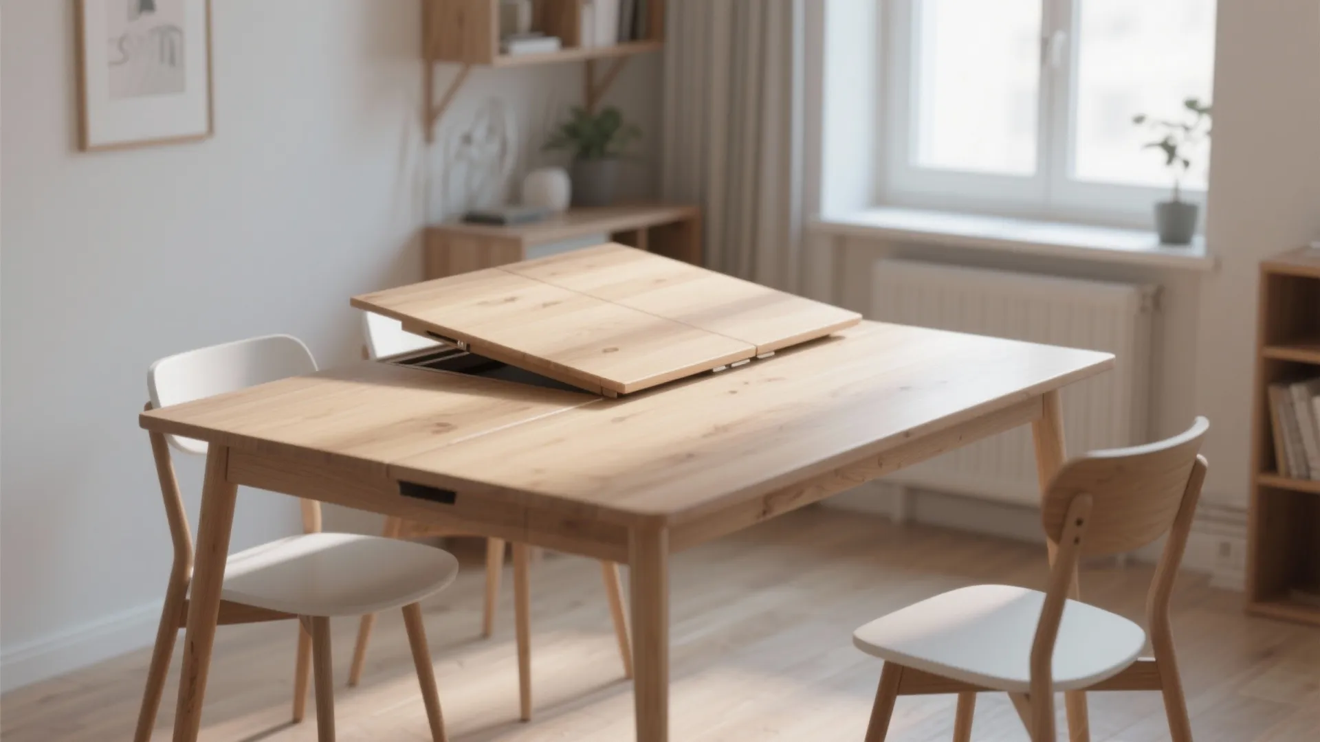 Compact drop-leaf dining table in bright small apartment