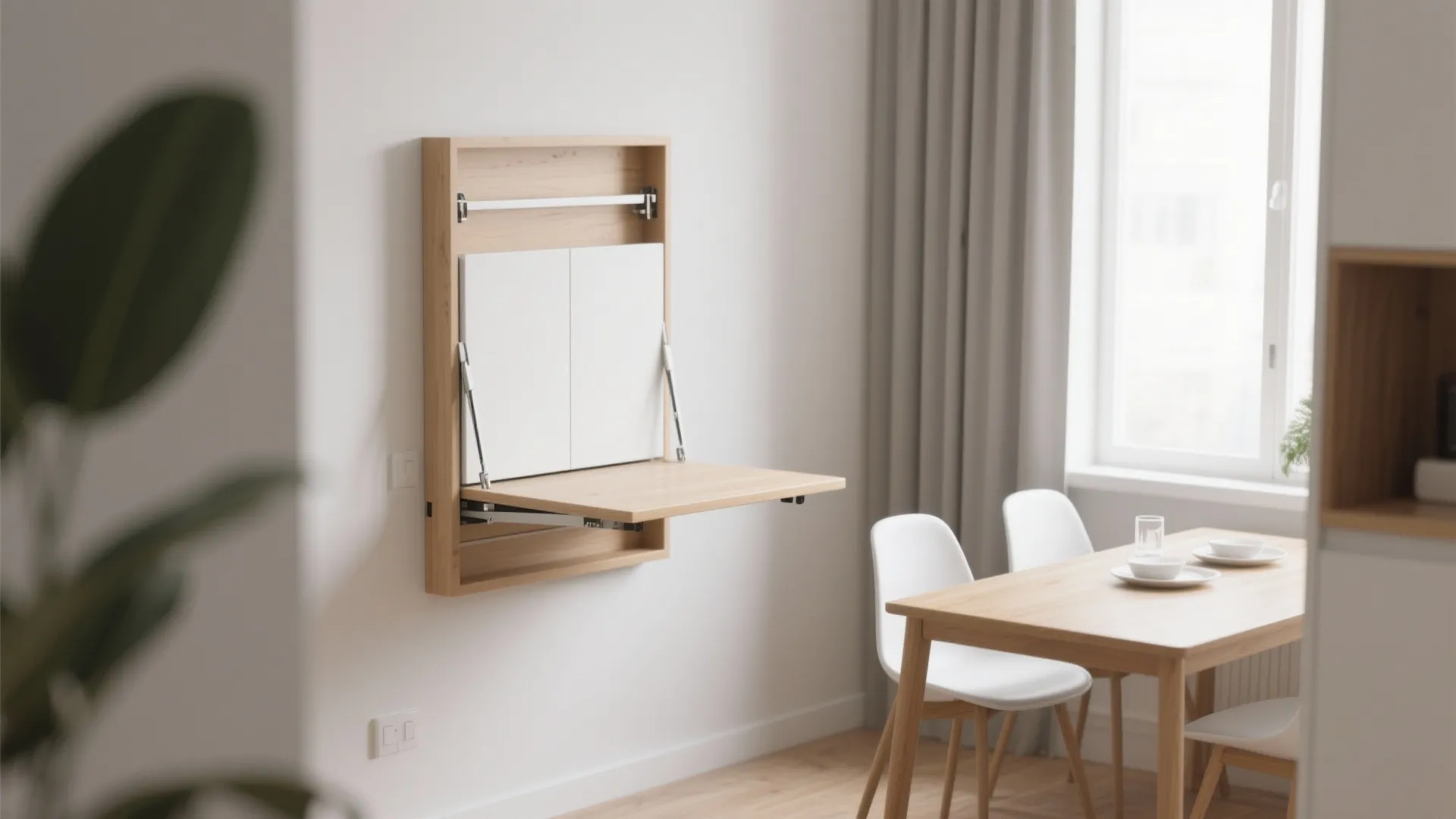 Modern wood wall mounted folding desk in a bright dining room with white chairs and table