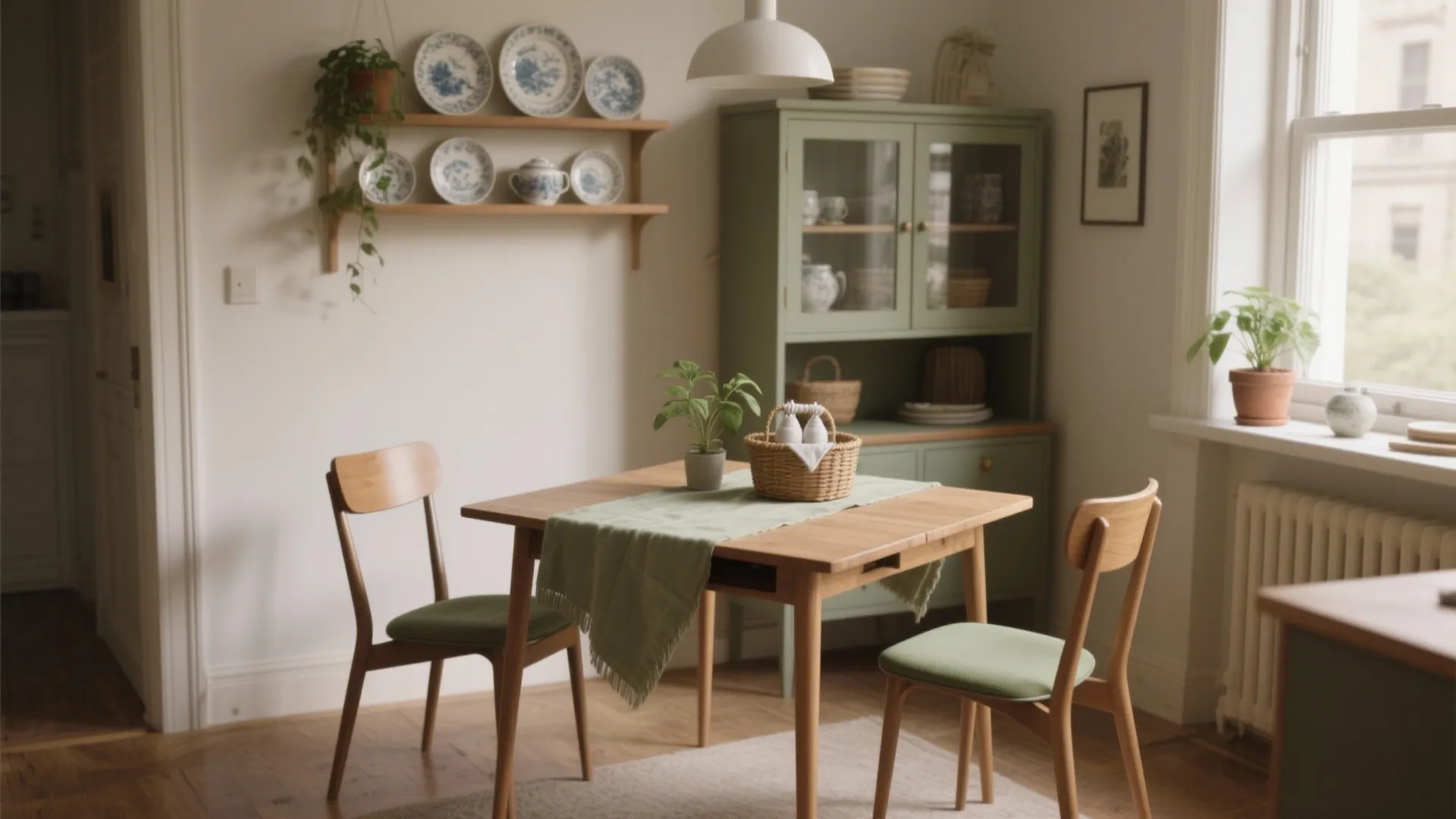 Small dining area with wooden table green chairs green cabinet and decorative plates on shelf