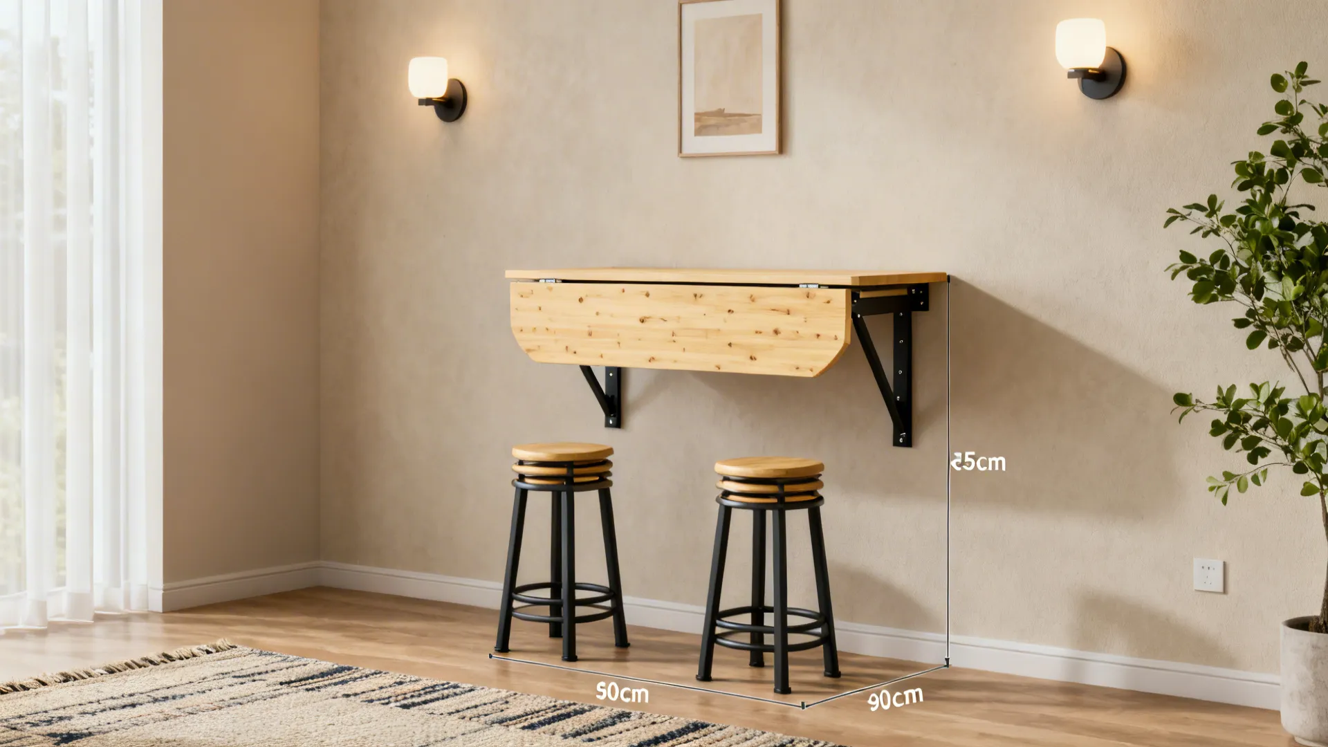 Wall-mounted drop-leaf table in a small living room with stools and a warm sconce.
