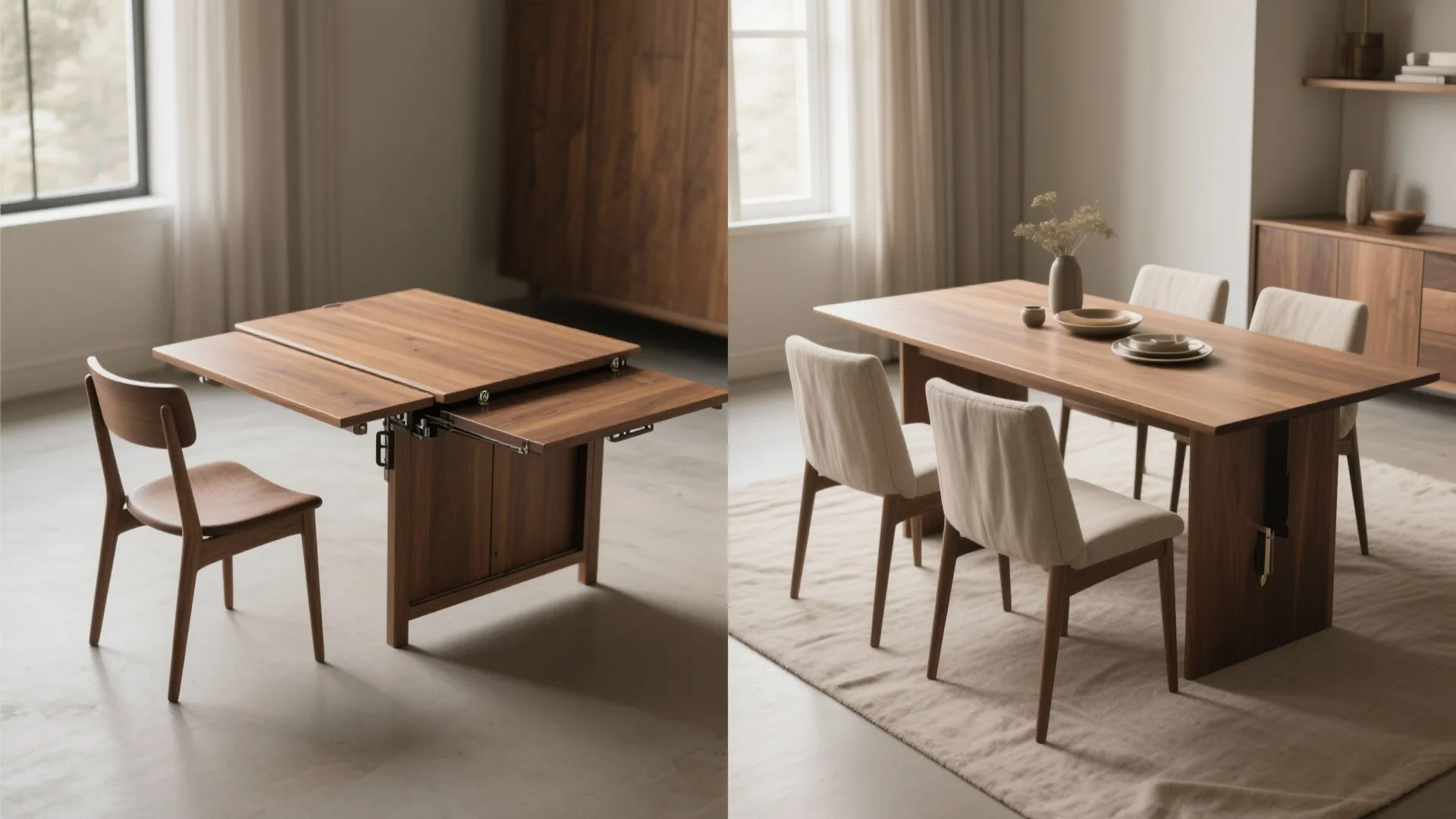 Wooden extendable dining table shown in both folded and open positions with four beige chairs
