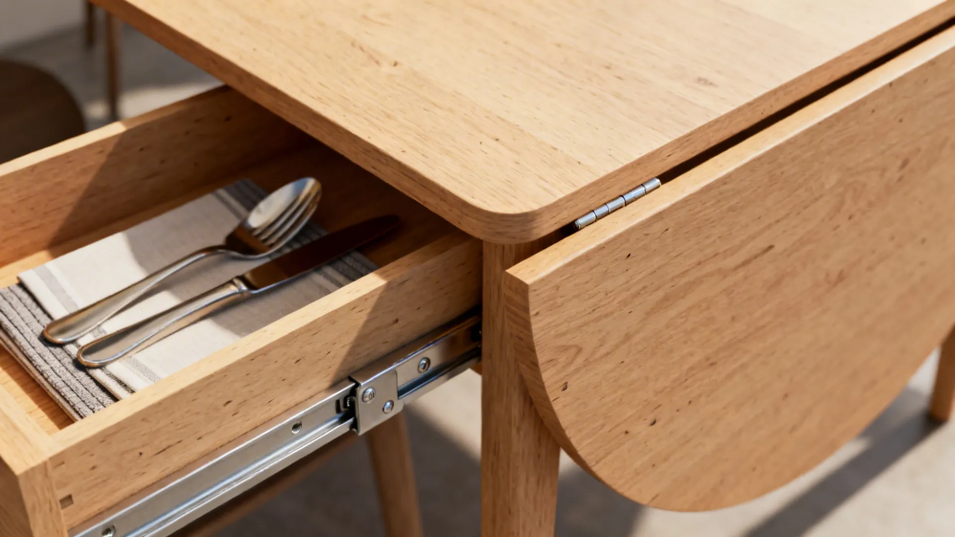 Drop-leaf table with a shallow built-in drawer open showing organized cutlery and placemats