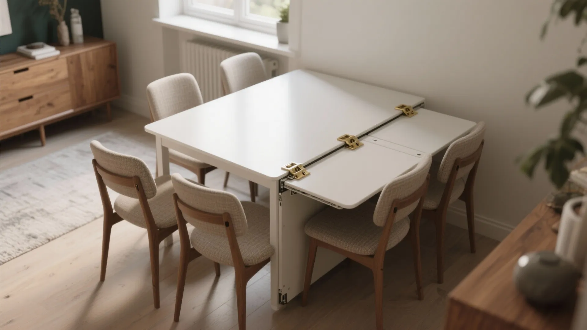 White folding table with metal hinges and wooden chairs in a bright modern dining room