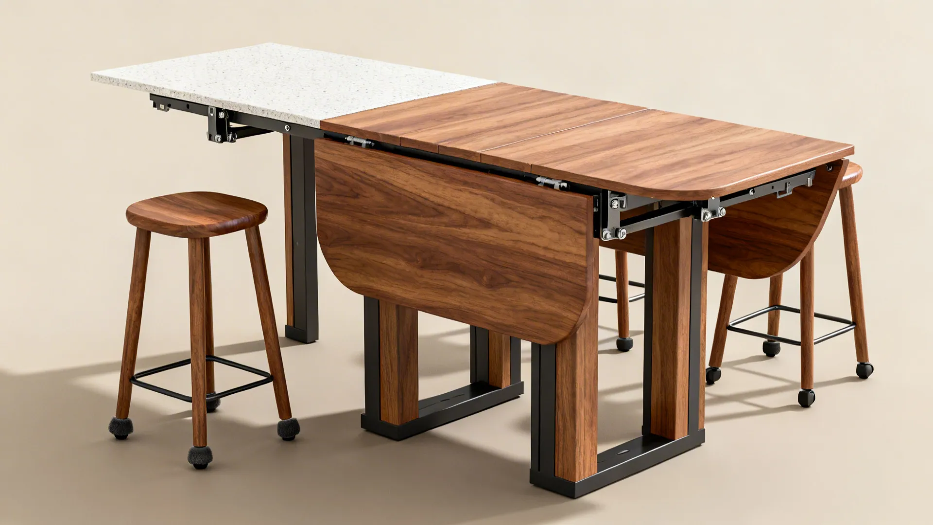 Flat lay of heavy-duty folding brackets, hinges, wood and stone samples for a drop-leaf island.