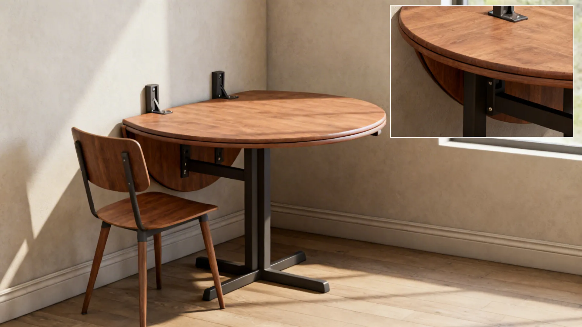 Round drop-leaf table in a small dining corner showing folded and expanded configurations with sturdy brackets.