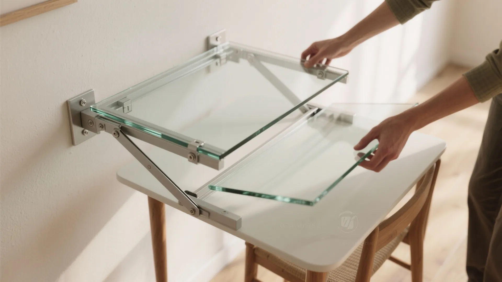 Top-down view of a glass drop-leaf table folding against the wall and extending for guests
