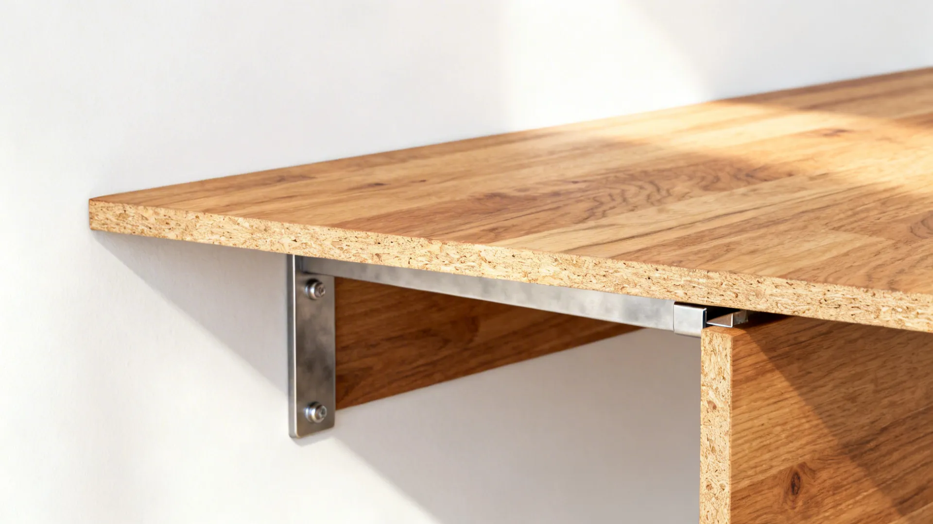 Close up of metal bracket hardware attaching a wooden folding table leaf to a white wall